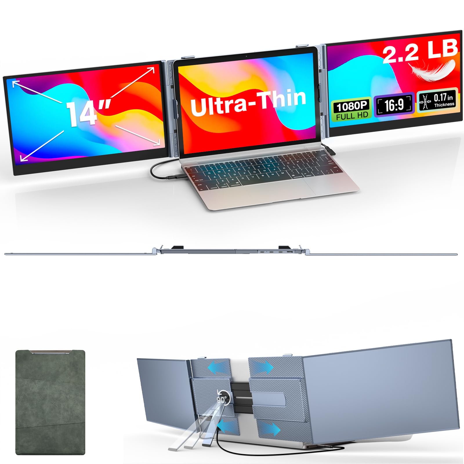 Kwumsy Monitor Portatile Per Laptop 14 Pollici - Ultra Sottile E Leggero Triplo Schermo PC Portatile, Doppio Display Estensibile, Plug & Play, Compatibile con Laptop 13''-17'' (Larghezza Max 15,7'')