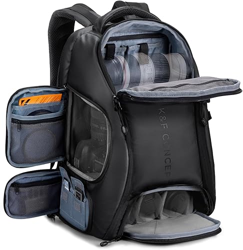 K&F Concept Mochila para cámara, bolsa de cámara de gran capacidad de 25 litros para fotógrafos con cubierta impermeable y compartimento para laptop