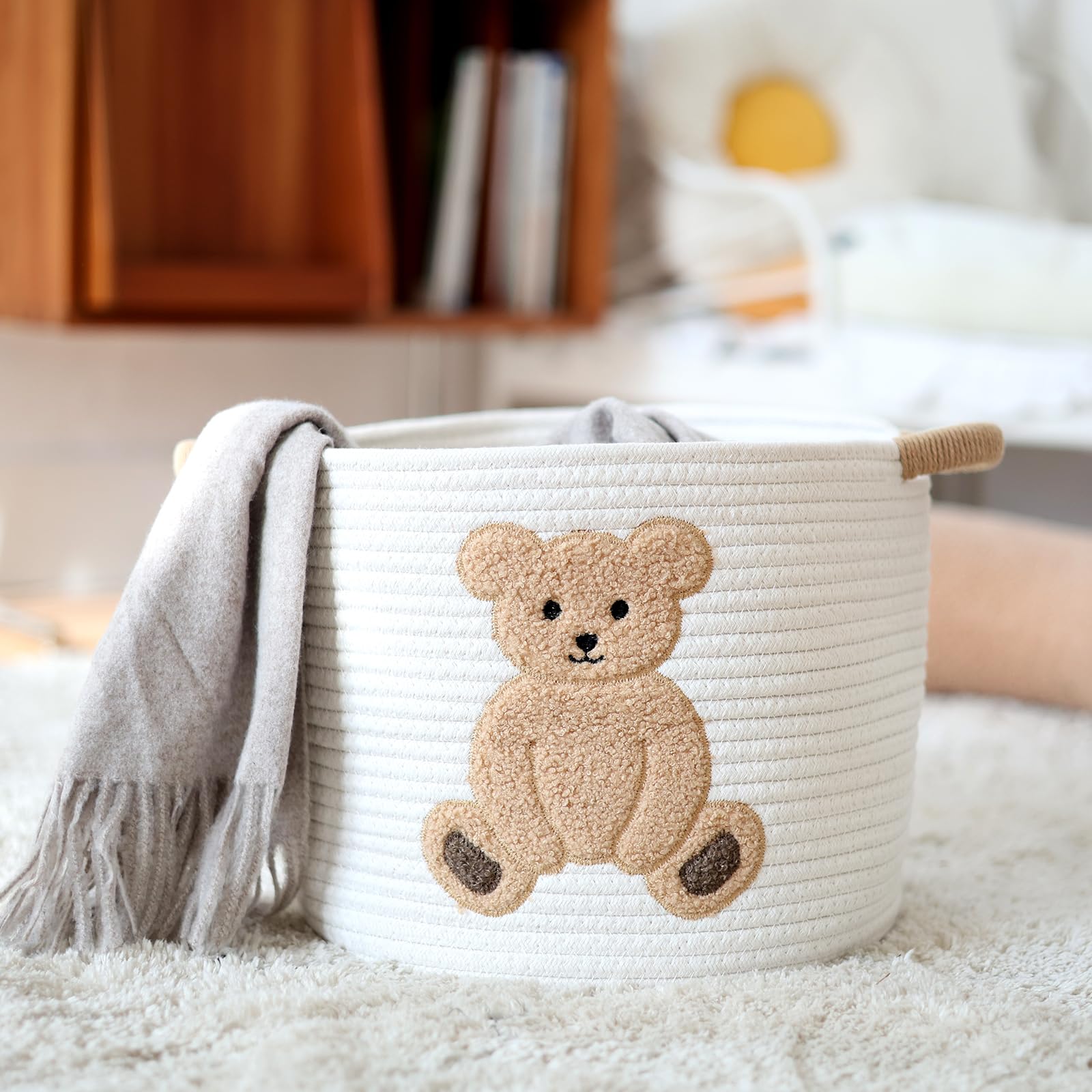 Bear Basket Cesto Portaoggetti Grande In Corda Di Cotone Beige, 45x38 Cm, Con Maniglie, Pieghevole, Per Biancheria, Giocattoli E Coperte