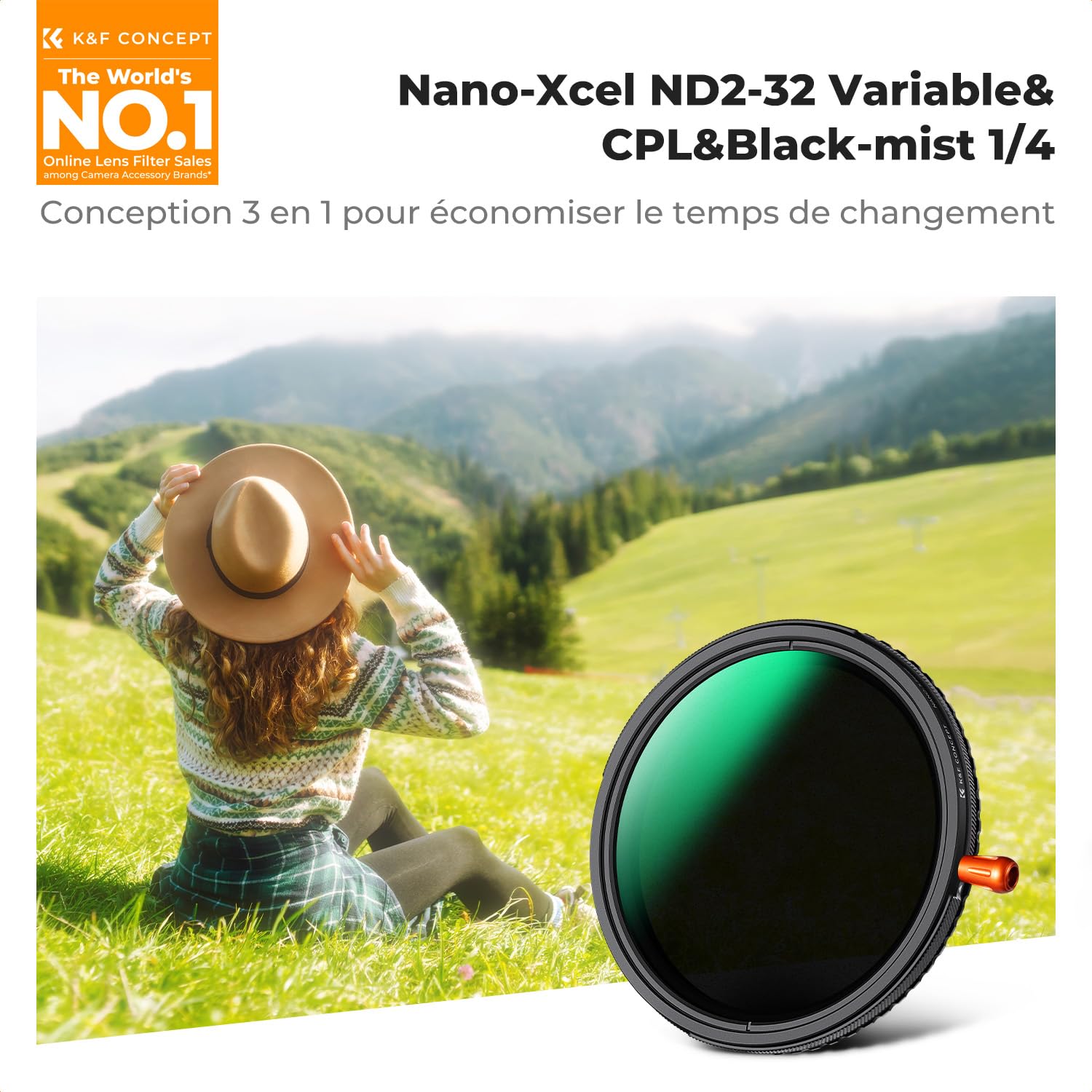 K&F CONCEPT Filtre 82mm ND2-32 Variable et Polarisant CPL et Black-Mist 1/4 3 en 1 pour Objectif Appareil Photo HD Étanche Anti-Rayures Nano-X Série Un Filtre avec 3 Fonctions