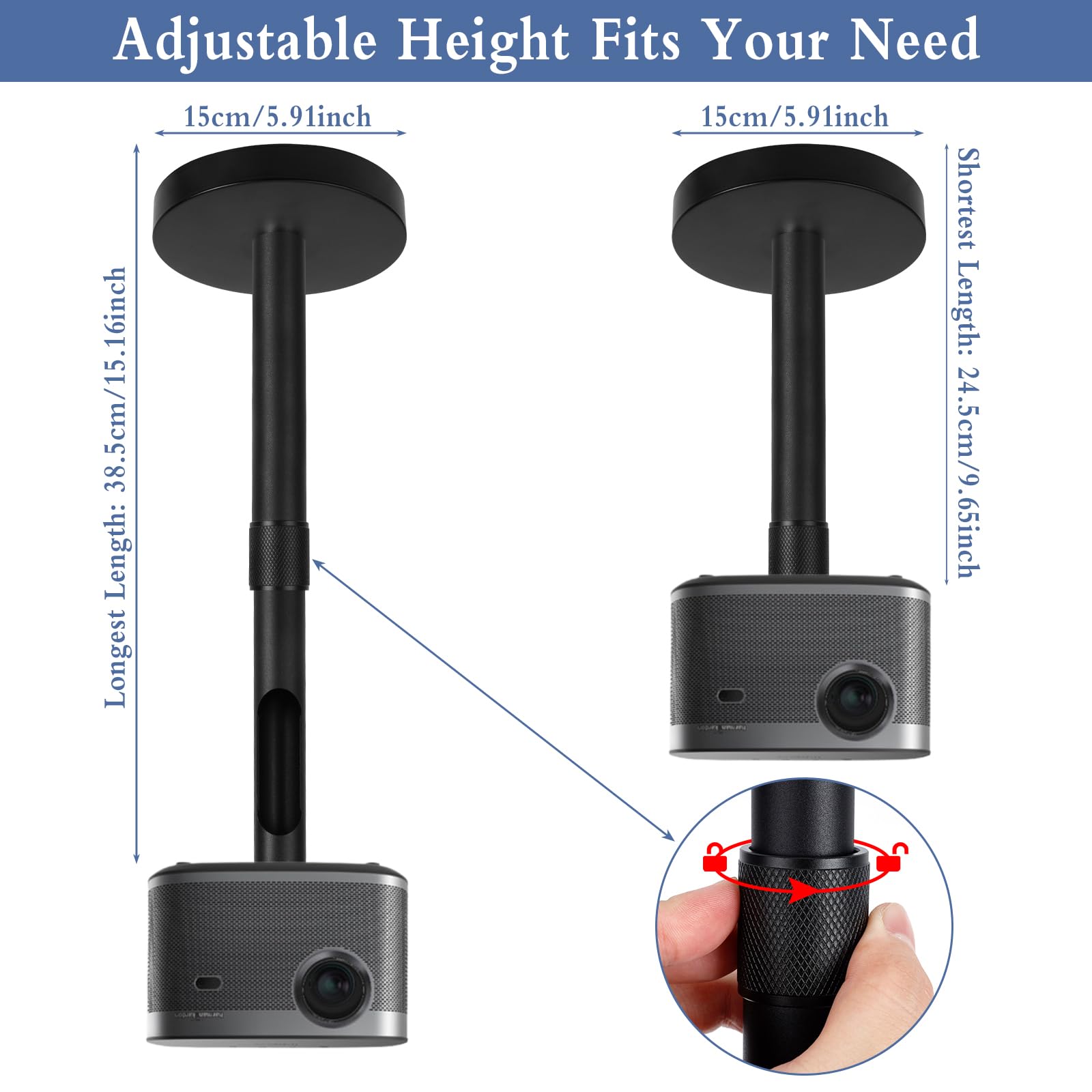 Supporto per Proiettore, Supporto Proiettore a Soffitto in Lega di Alluminio, Distanza dal Soffitto 20-40 cm, Girevole a 360°/90°, Capacità di Carico Fino a 4kg, Ideale per Casa Cinema Presentazioni