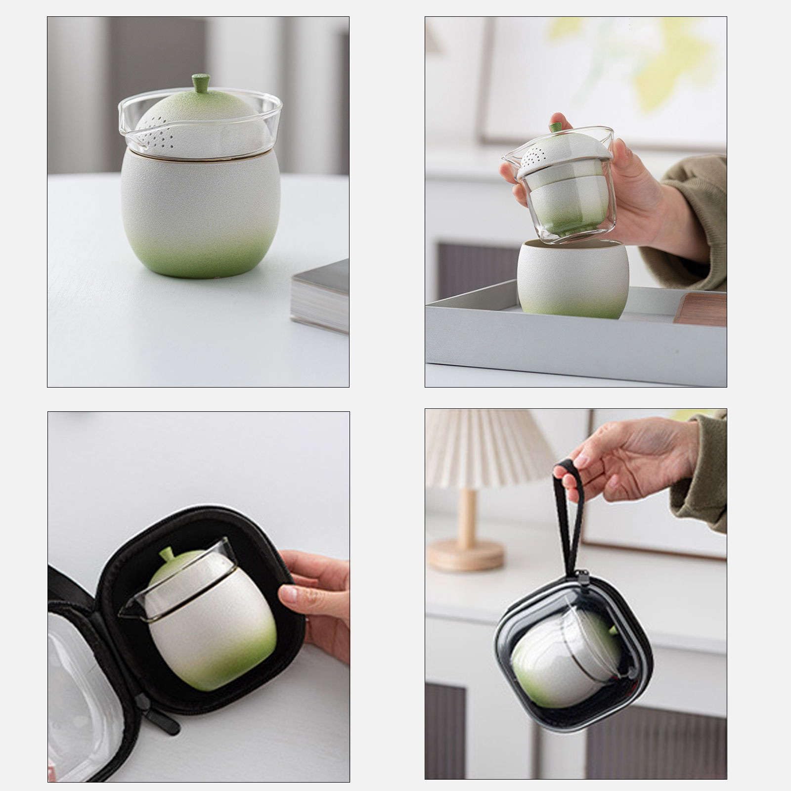 zestaw do herbaty, Ceramiczny zestaw do herbaty, chińskie filiżanki z zaparzaczem i pokrywką Porcelanowa filiżanka wstążka 3 Zestawy upominkowe torbą podróżną biura w domu(Light Cyan)