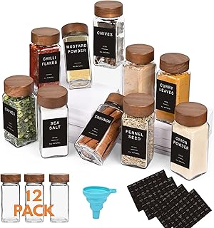 Yangbaga 12Pcs Glass Spice Jars with Labelsï¼Œ4oz Empty Square Spice Bottles with acacia wood lid & Shaker Lids and Silicone Collapsible Funnel Included