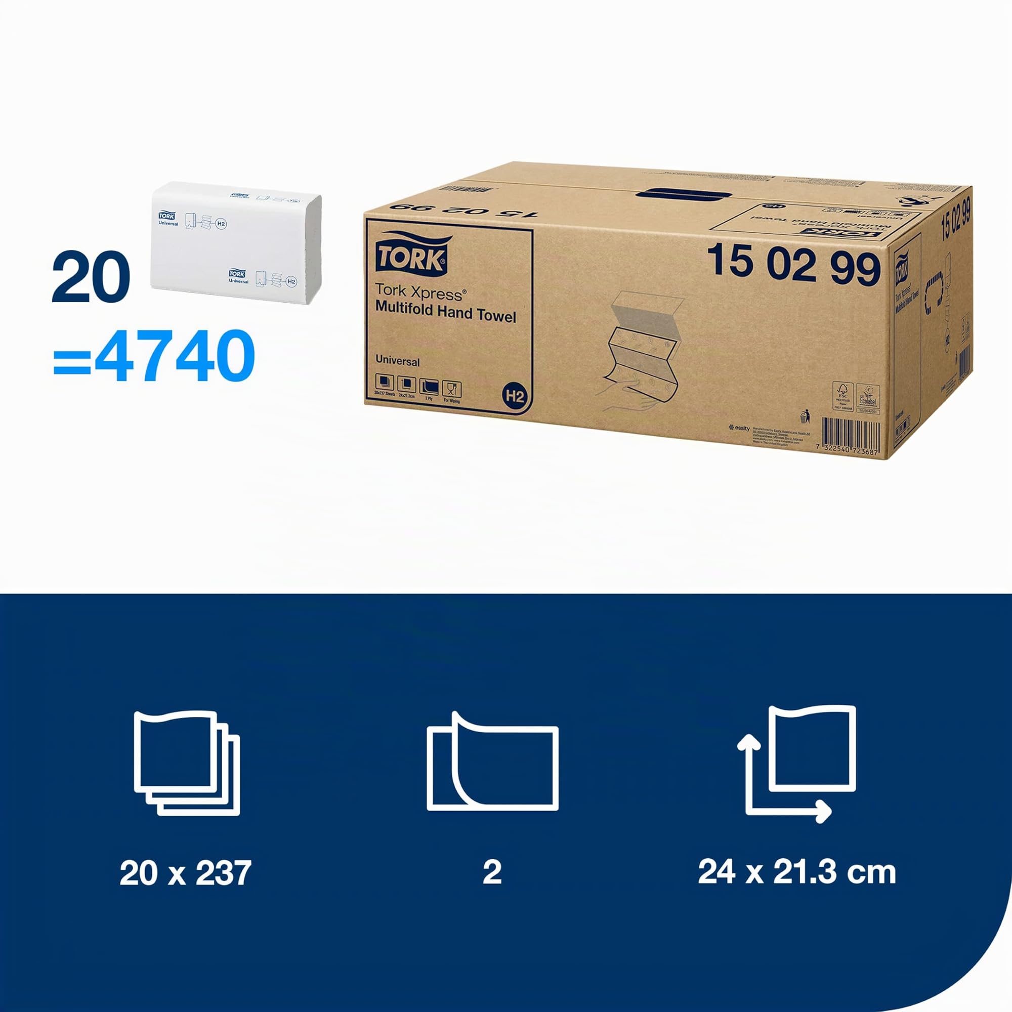 Tork Xpress 150299 Toallas de mano de papel Universal/Toallitas secamanos compatibles con el sistema H2/4740 toallas/2 capas/Blanco, 20 x 237 Toallas de papel