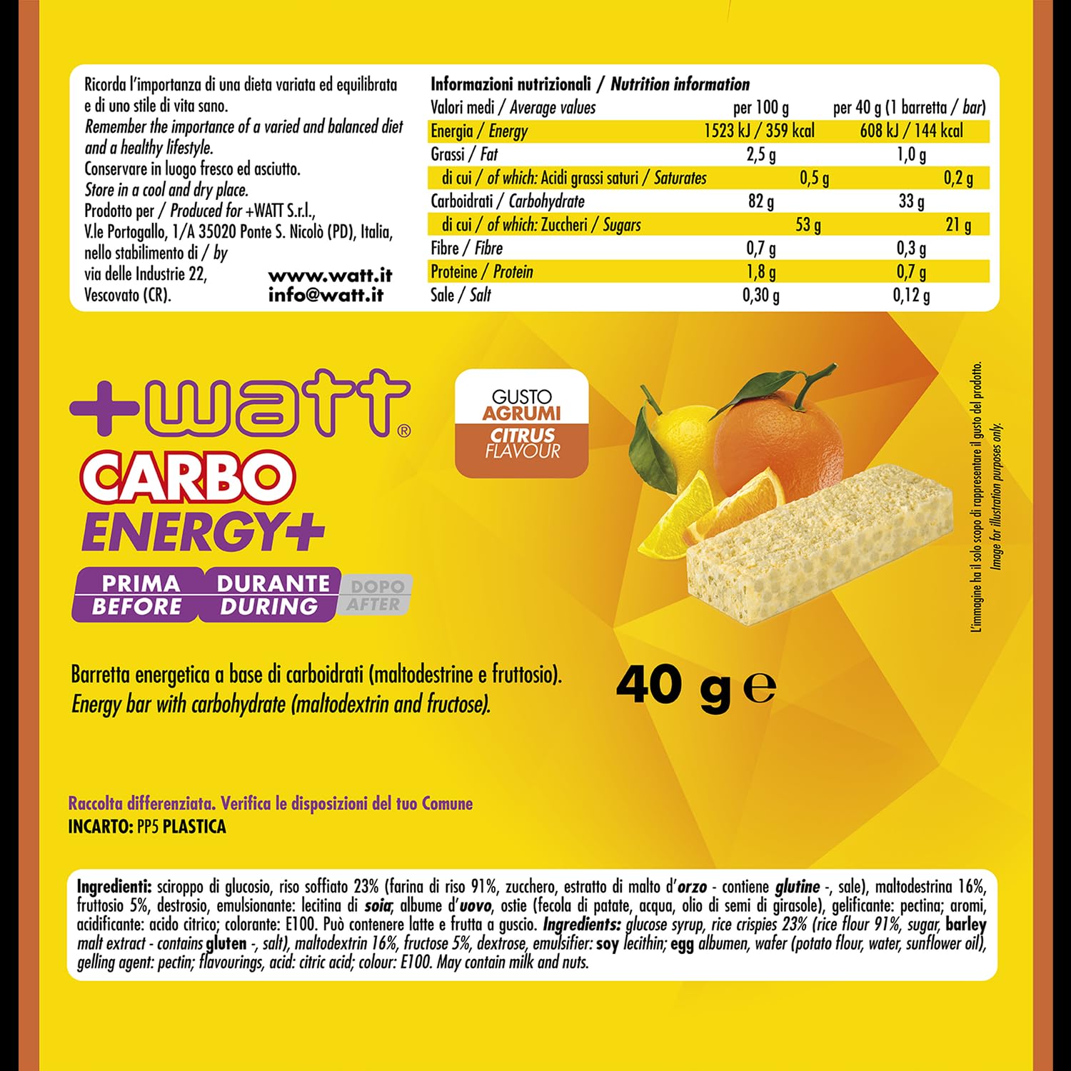 +WATT - Carbo Energy+ - Barretta Energetica a Base di Carboidrati al Gusto Frutta per Pre Work-Out o Durante l'Allenamento (Agrumi, Box 20 pezzi)
