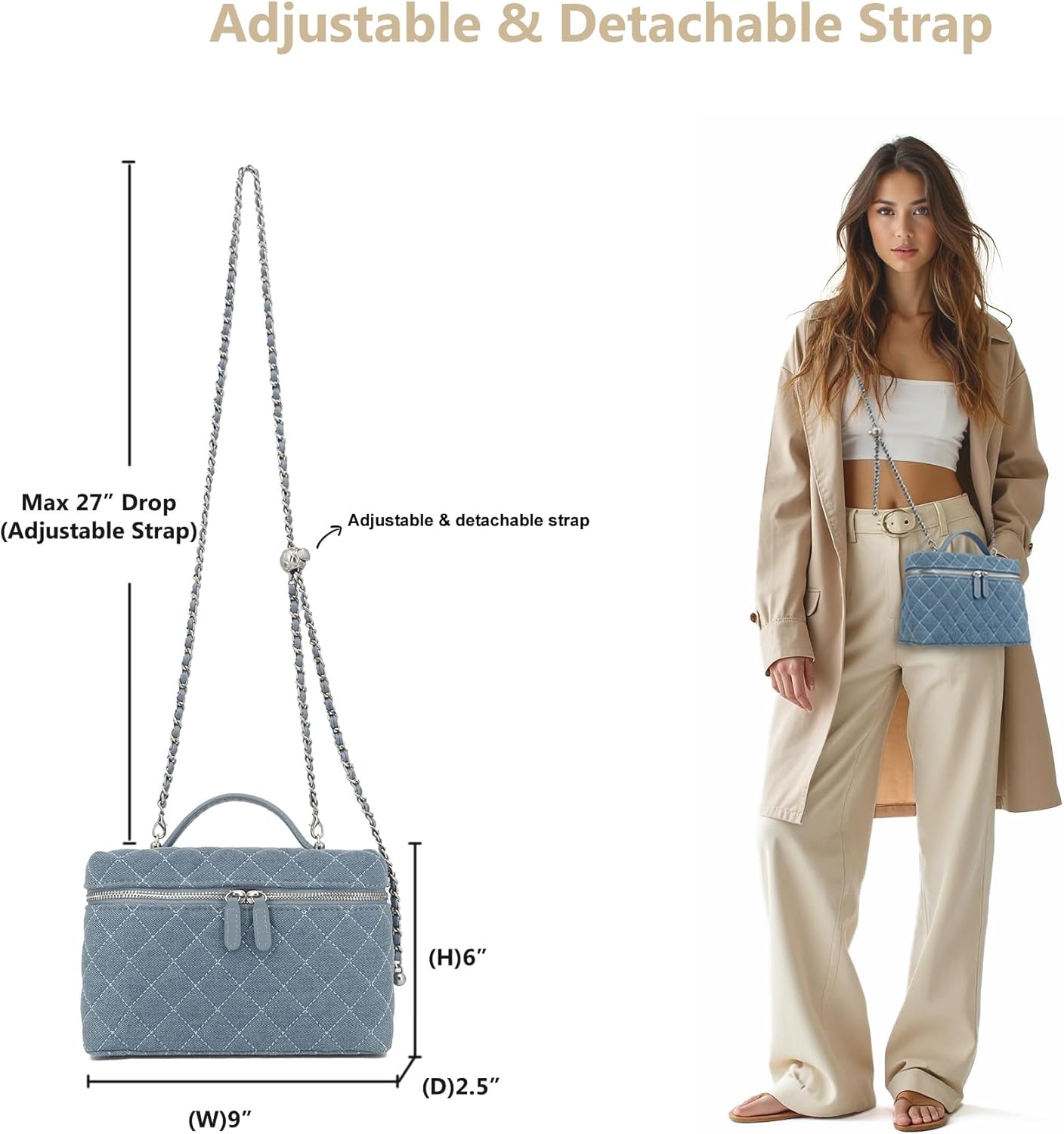 Small Quilted Denim Top-Handle Pouch Purse for Women, Designer Slim Vanity Case, Crossbody Bag with Removable Strap - Image 6