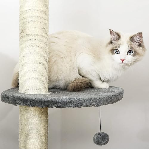 Miniatura 9 de PawHut Árbol para gatos de 85.5 pulgadas, altura ajustable, del suelo al techo, centro de actividades de escalada de 4 niveles, juguete para gatos