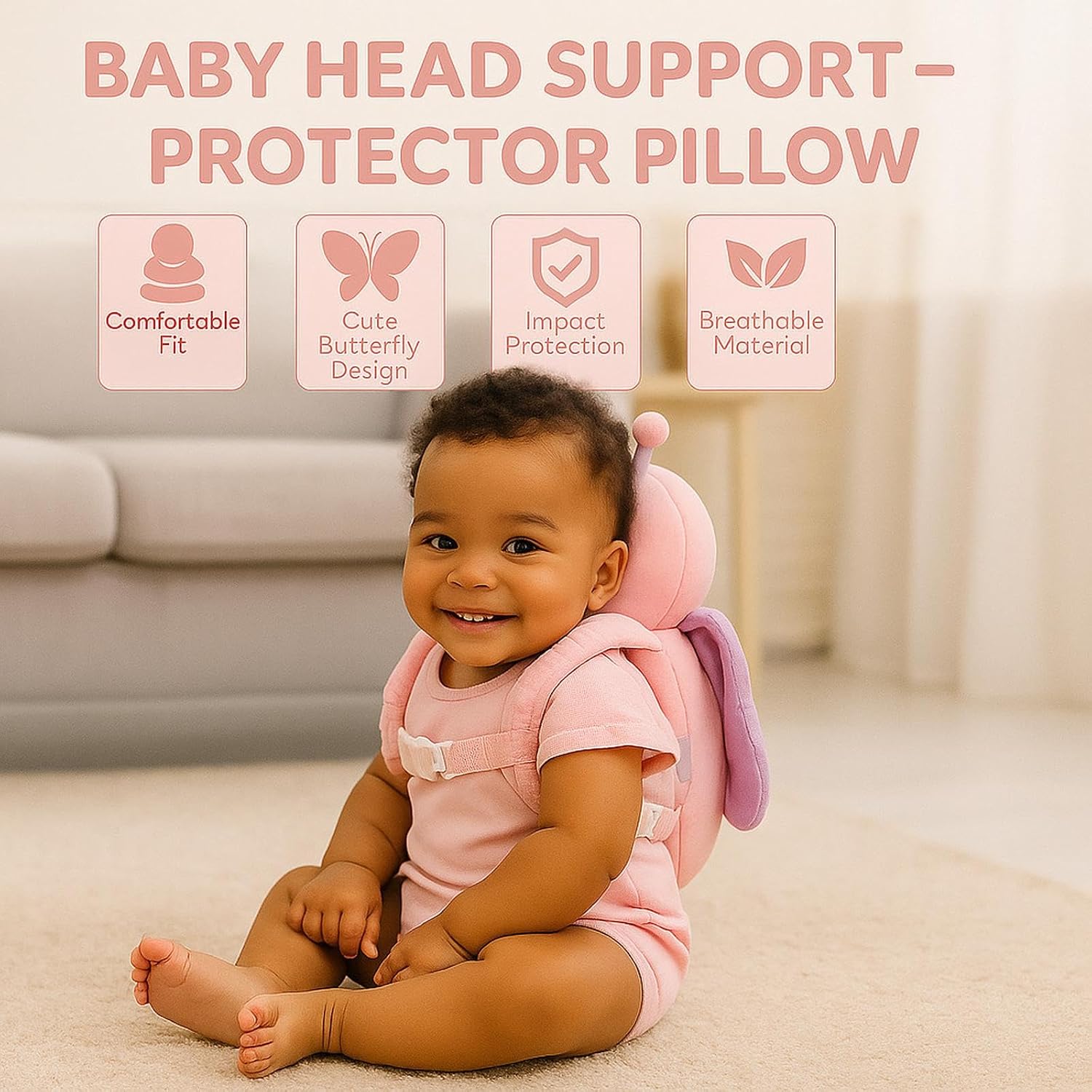 NAZO Baby Head Protector Backpack – Soft Infant Safety Pillow for Fall Protection – Cushions Toddler’s Head While Crawling and Walking – Baby Fall Back Support (Pink Butterfly)
