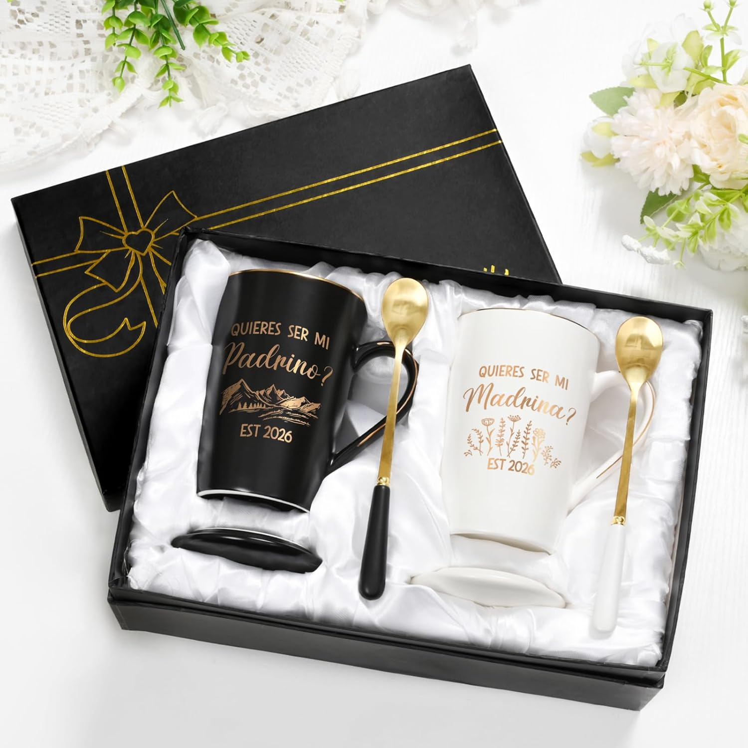 Maustic Godparents Proposal Gift, Godmother Godfather Proposal Gift, Quieres Ser Mi Madrina Padrino Est 2026 Mugs Set, Quieren Ser Mis Padrinos De Bautizo, Padrino Madrina Gifts, 14 Oz Black & White