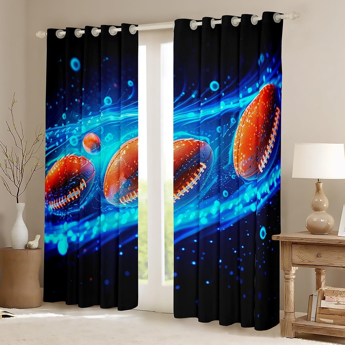 3D Football Window Curtains Rugby Sports Style Modern Simple Window Drapes for Kids Boys Teens Adults Geometric Lines Neon Light Blue Curtains for Living Room 2 Panels 42Wx84L