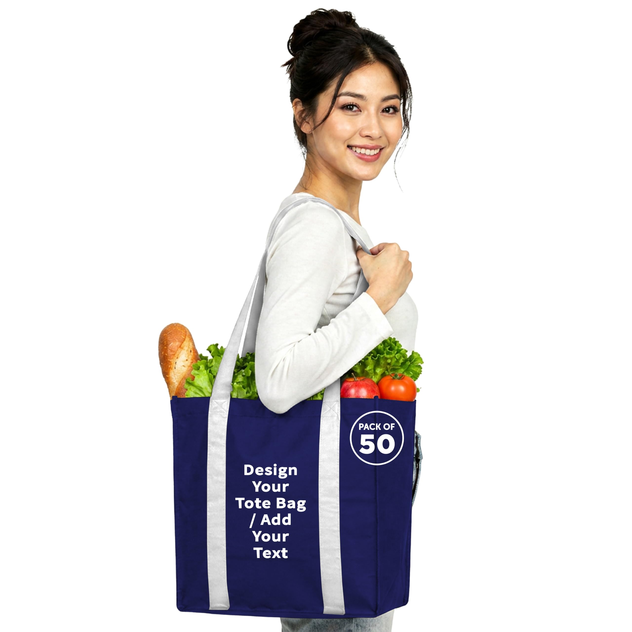DISCOUNT PROMOS Custom Non Woven Shopping Tote Bags Set of 50, Personalized Bulk Pack - Reusable, Great for Shopping, Grocery, Beach, Picnic, Wedding Favors - Navy White - Custom – Navywhite 50 bags