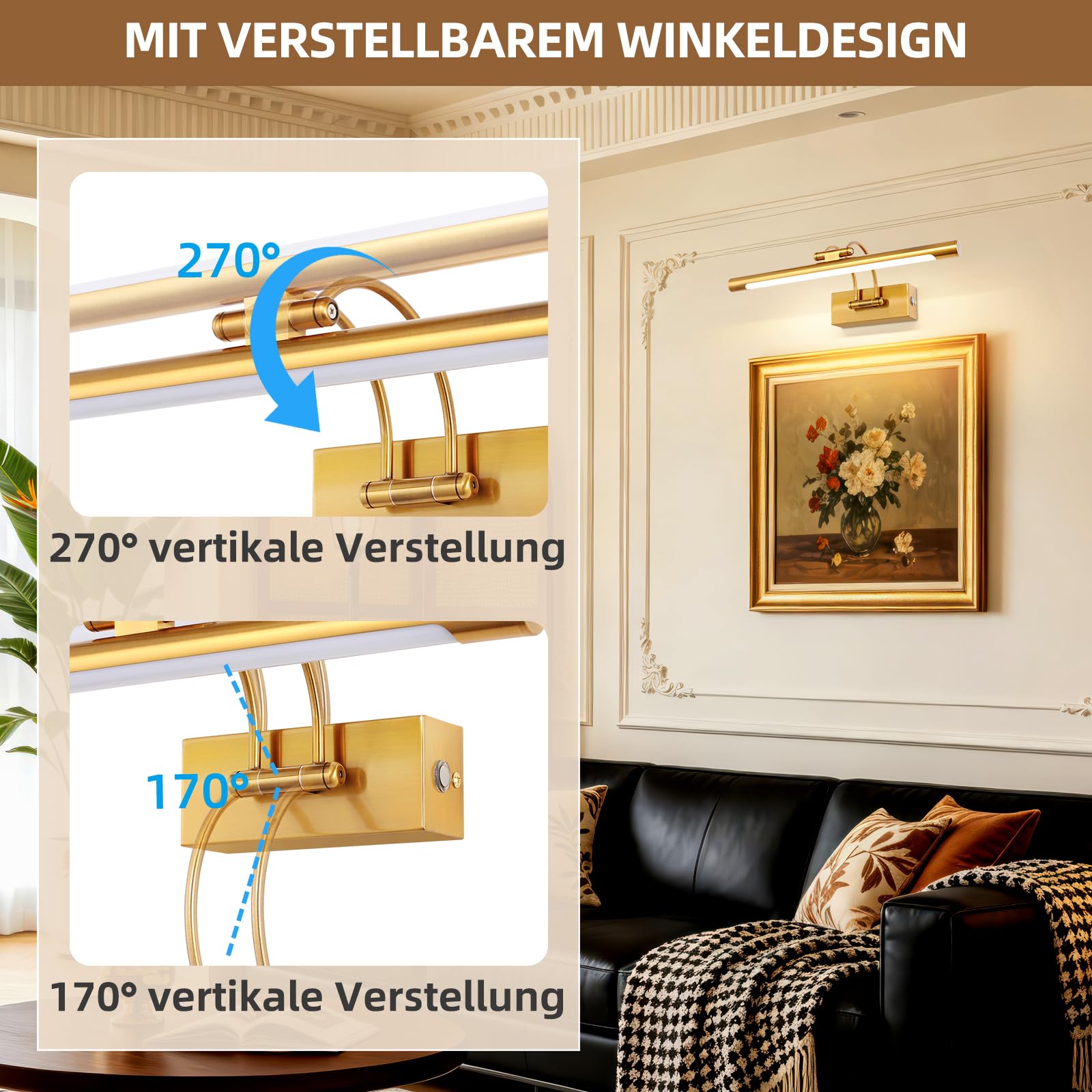 MantoLite LED Bilder Wandleuchte 8W 40CM Waschtisch Badezimmer Wandleuchte Spiegel Leuchten,Innenbeleuchtung mit Schwenkbarem Lampenkopf und Zugschalter, 3000K Leseleuchte Wandleuchten