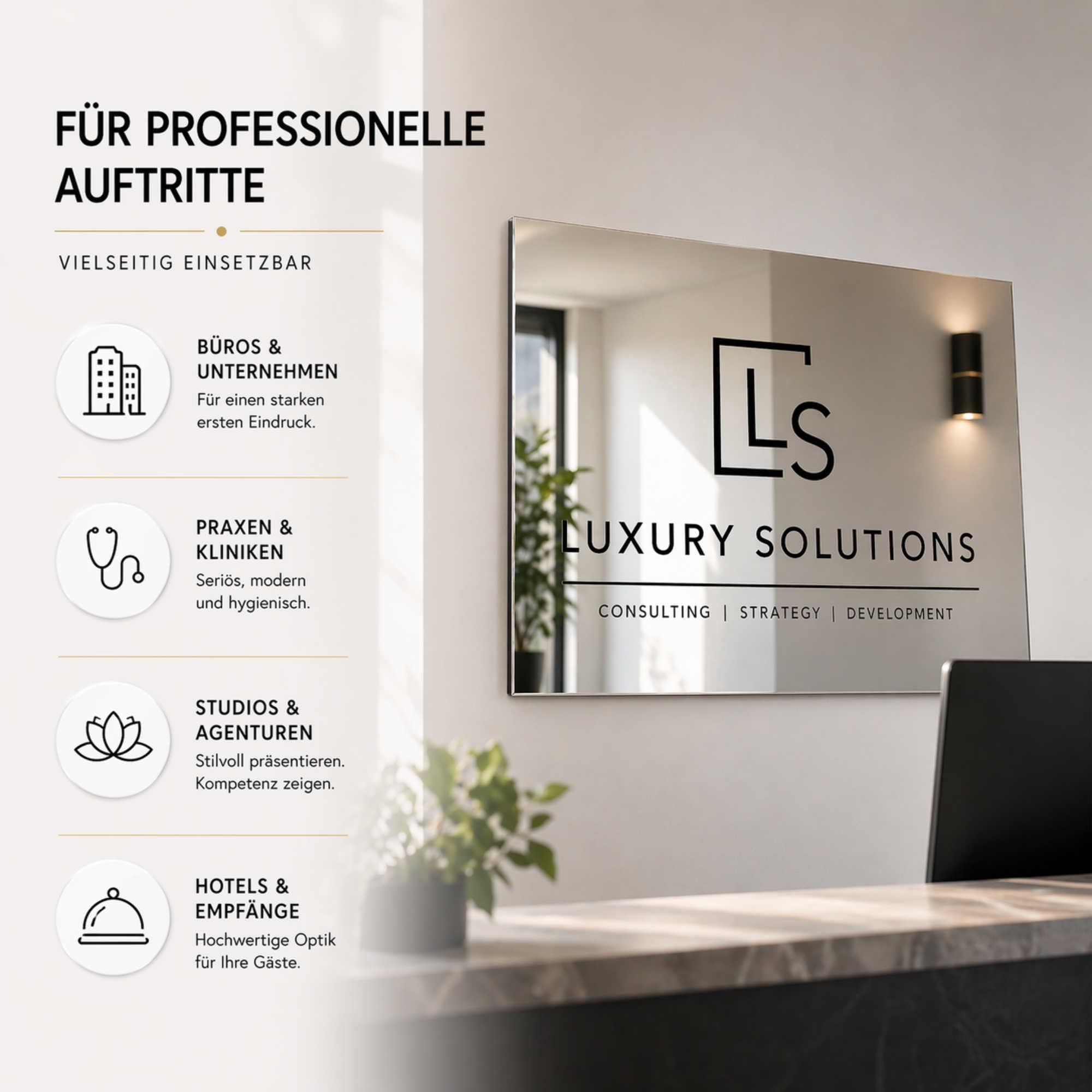 Schilder selbst gestalten - Spiegelschild personalisiert - 60x40 cm - Firmenschild mit Logo und Text - Türschild Büro Praxis Empfang - Aluverbundplatte 3 mm Spiegel