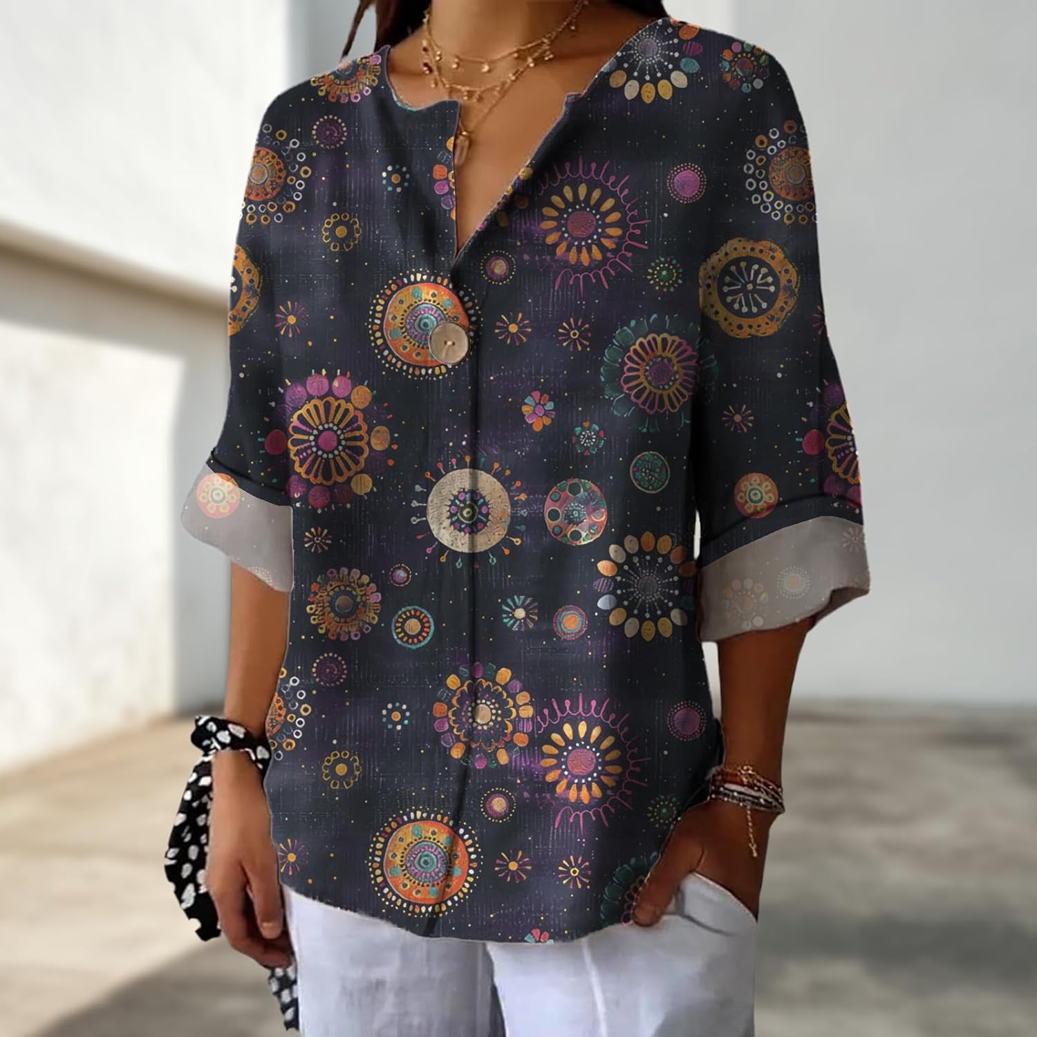 Fashion Hawaiian Shirts for Women Tropical Vintage Graphic Floral Lightweight V Neck Breathable Printed Dressy Blouse - Image 3