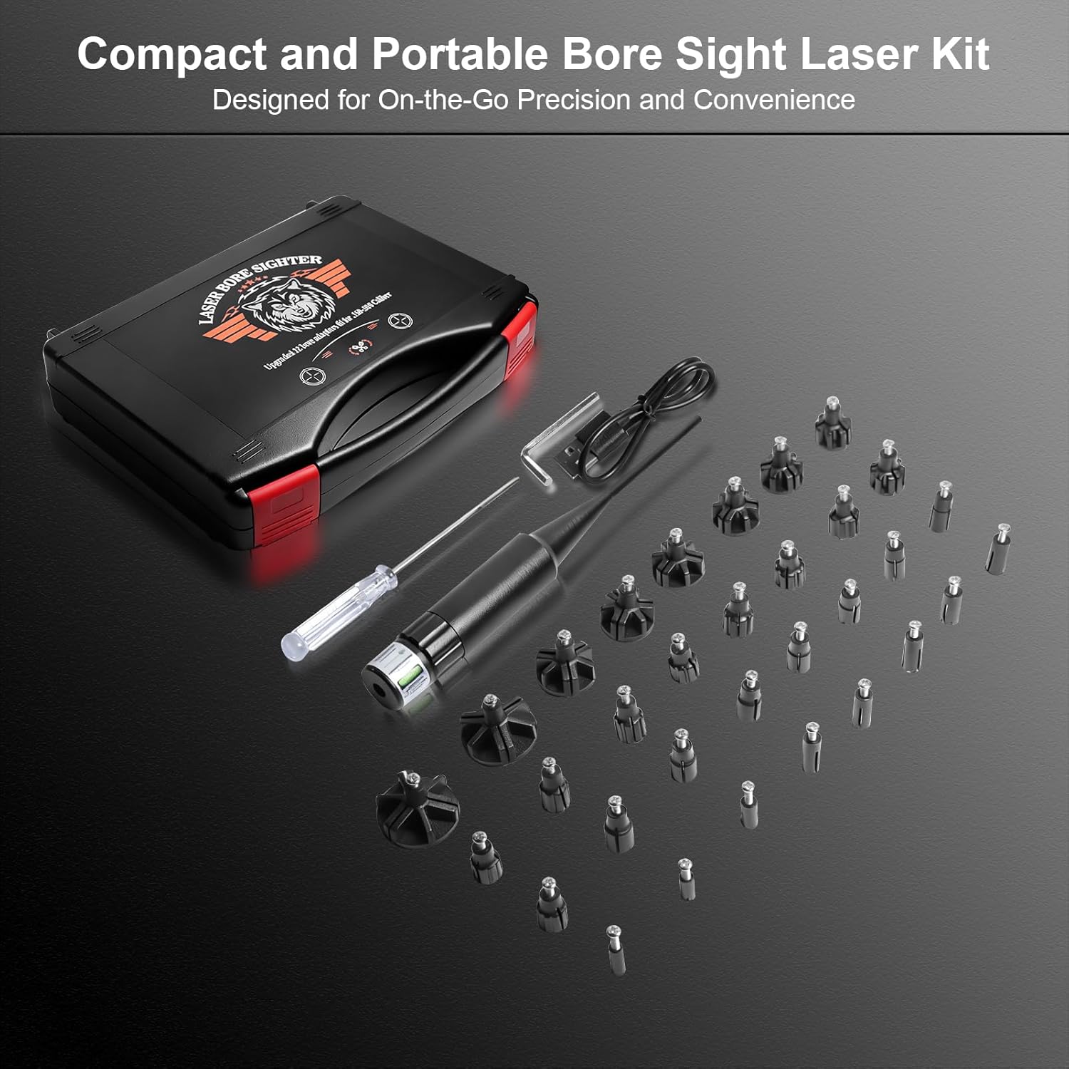 USB Rechargeable Laser Bore Sight Kit with 32 Adapters, Fits .17 to 12GA Calibers, Professional Green Laser Bore Sighter for All Guns Bore Laser Sighting Kit