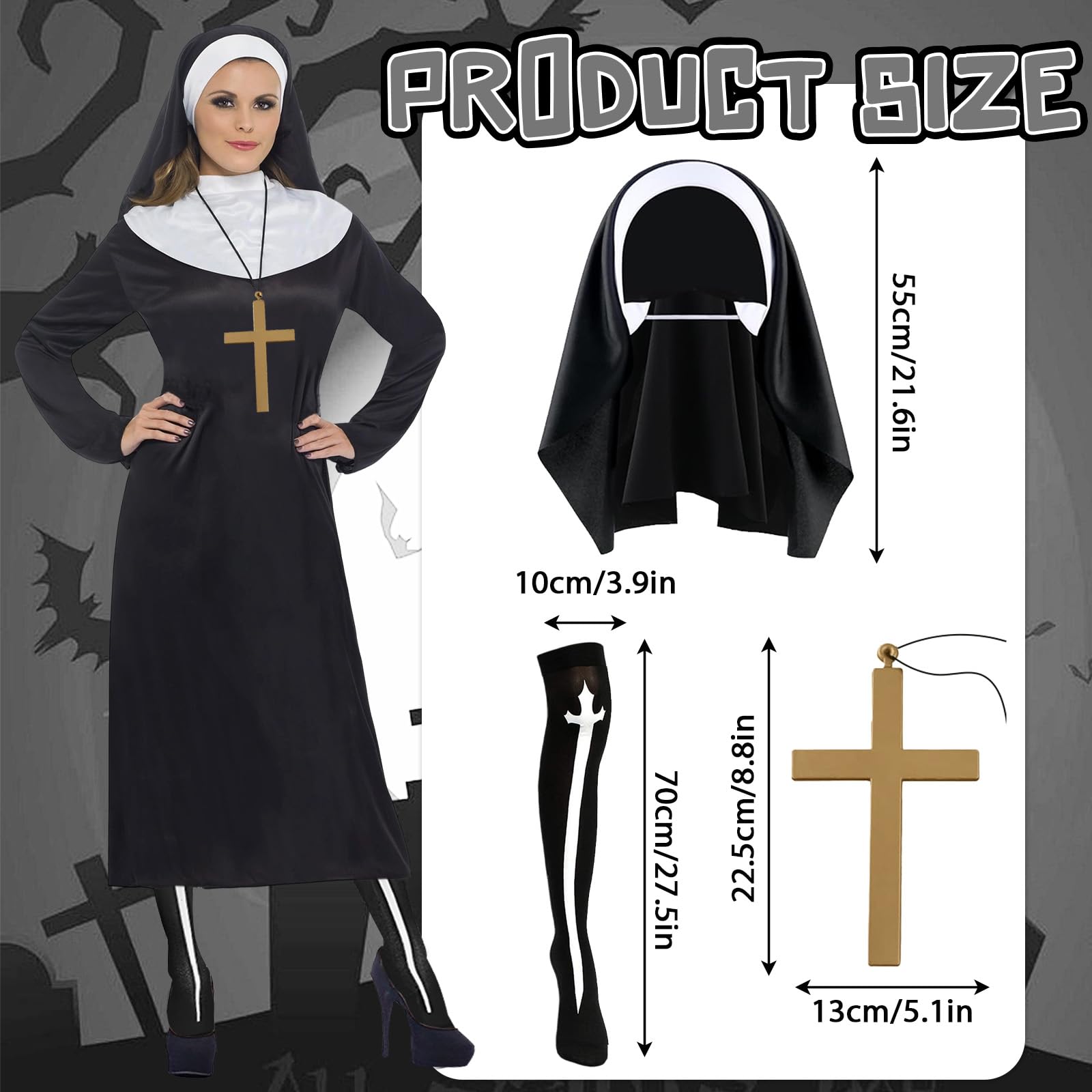 Bryndo Nun Costuem Set for Women Nun Fancy Dress Kit for Halloween Cosplay-M, Black - Image 3