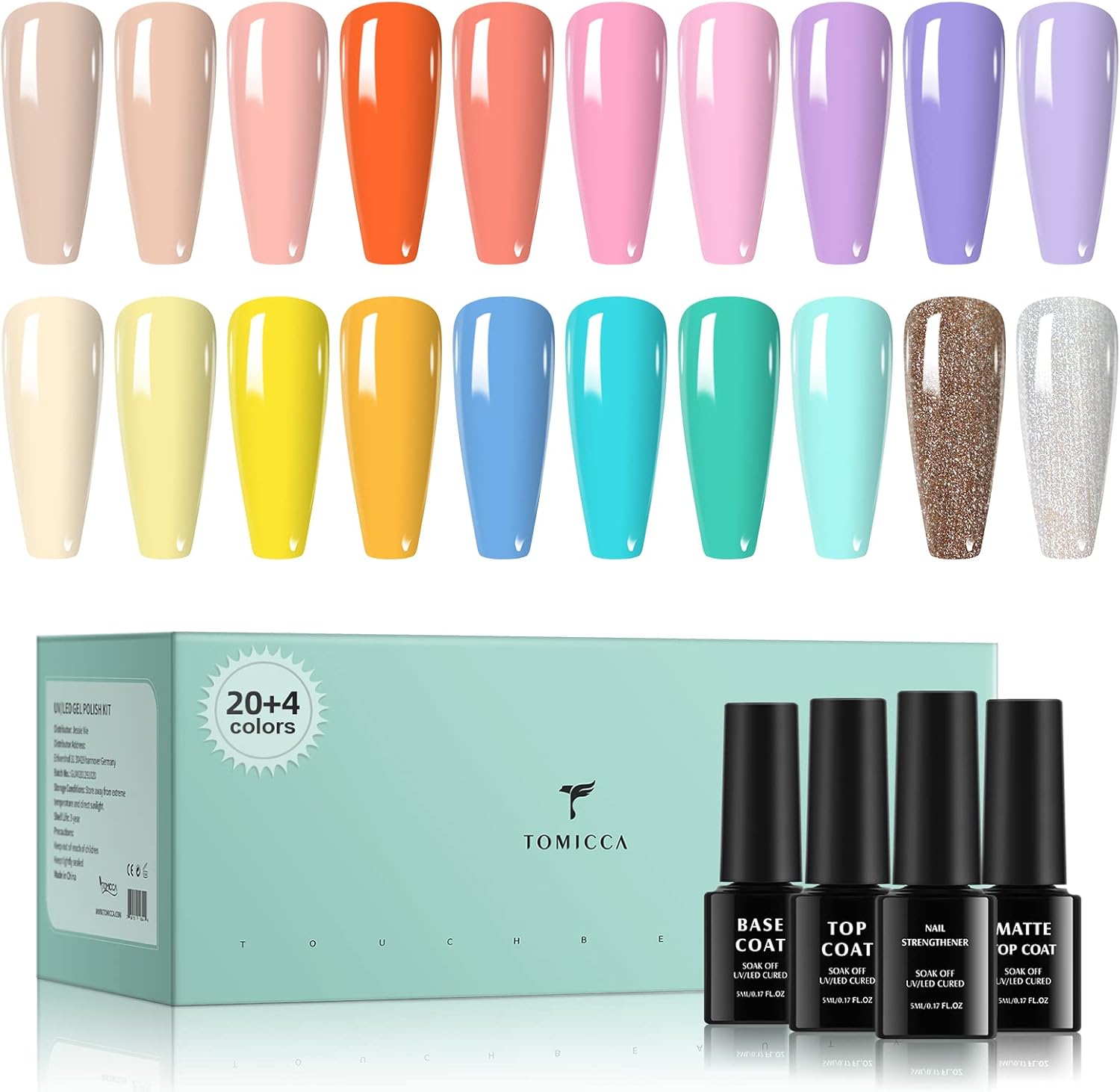 TOMICCA 24 Pcs Rainbow Summer Gel Nail Polish Set,Nude Glitter Blue