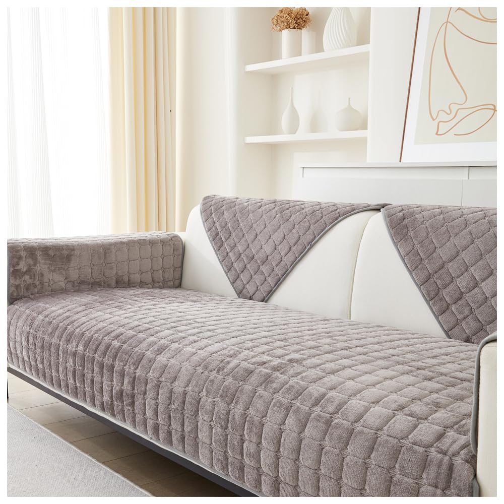 NUODWELL Thickened Sofa Slipcover 1/2/3/4 Seater, Flannel Anti-slip Sofa Protector L Shape Couch Cover Furniture Protector for Living Room (Khaki, 70 * 150cm)