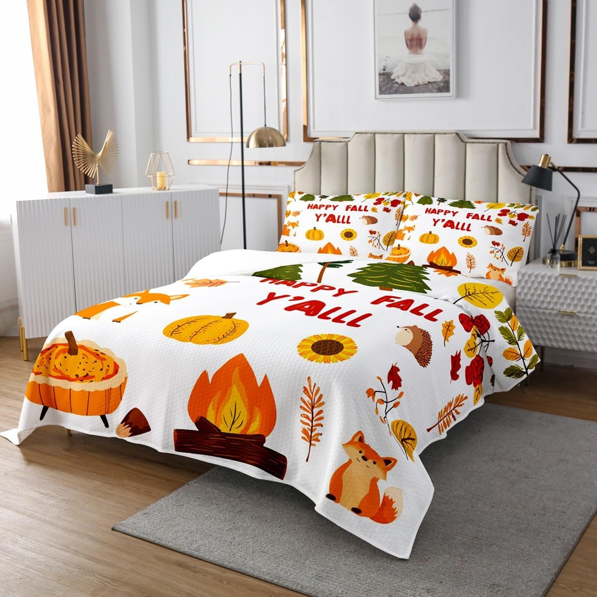Erosebridal Happy Fall Bedspread Set Fox Animal Coverlet Set Harvest Decor Pumpkin Quilt Set for Toddlers,Autumn Plant Maple Leaves Quilted King,Farmhouse Pine Trees Sunflower Rustic Fall Decor