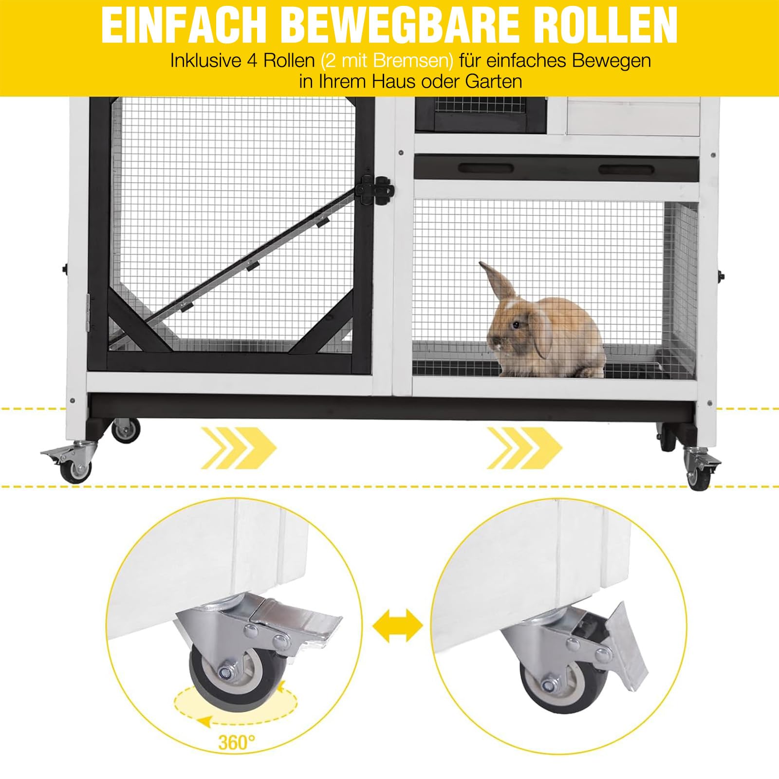 Aivituvin Hasenstall, Kaninchenstall für drinnen und draußen, auf Rädern, 2-stöckig, Holz, Meerschweinchenkäfige mit 2 tieferen herausziehbaren Tabletts (Schwarz-weiß-L)