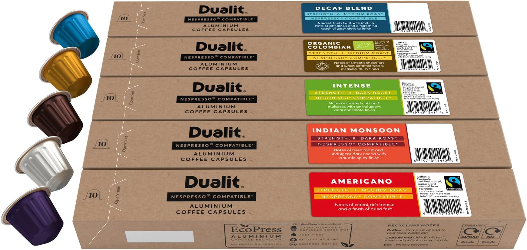 Aluminium Capsule Taster Pack by Dualit | 50 Pack - 50 Servings of Premium Coffee Pods with Organic and Fairtrade Flavours - 100% Recyclable Capsules