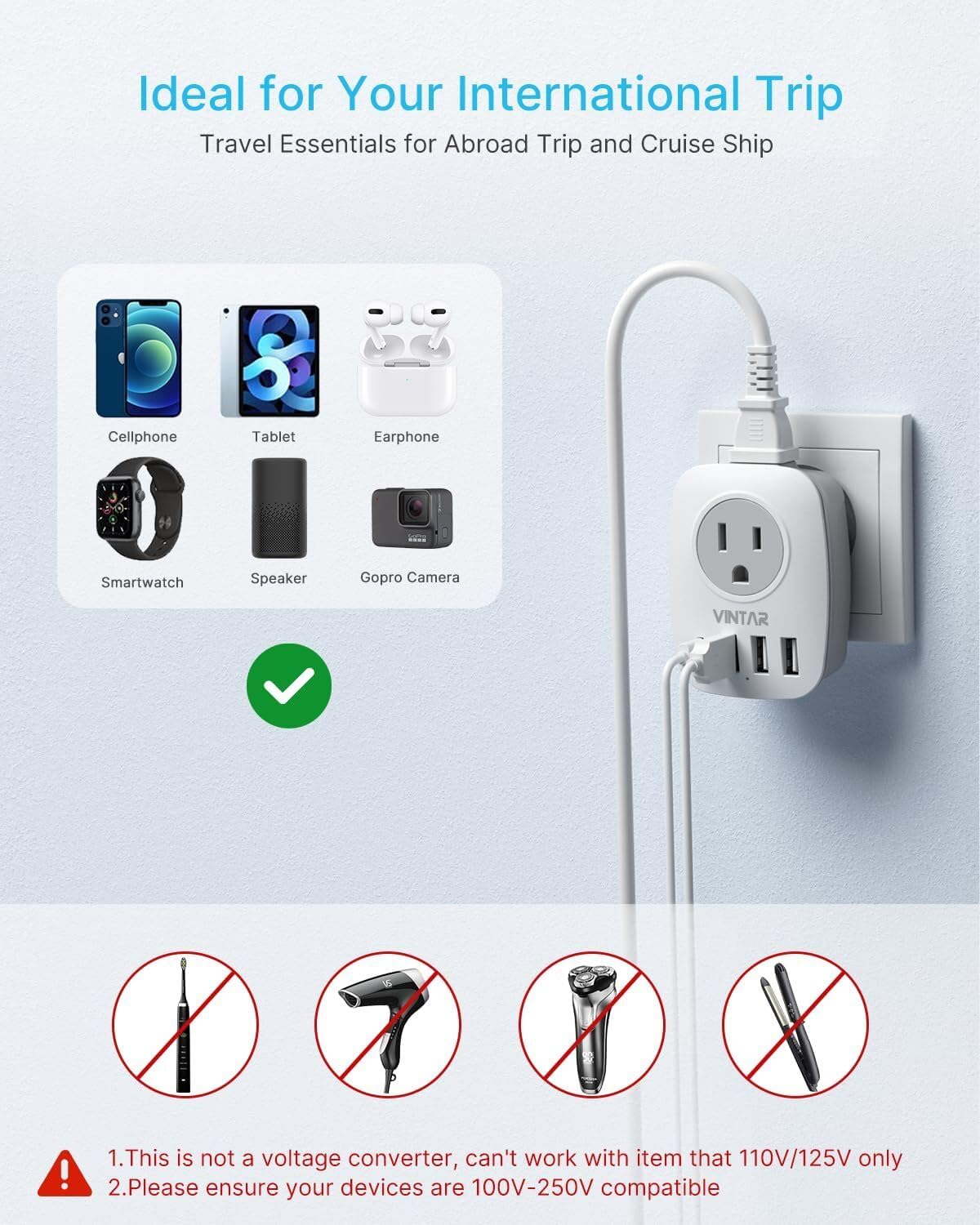 2 Pack Type E/F Plug Adapter, VINTAR Schuko Germany France Adapter Plug,South Korea Outlet Adapter with 1 USB C,3 USB Ports and 2 Outlets, US to EU Spain Iceland Greece Paris German French Korea