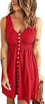 BTFBM Mini Robe sans manches Col rond Bouton vers le bas Une ligne de soleil Robe haute taille, Swing robe d'été pour les femmes, au-dessus de la longueur du genou, courte robe en tricot côtelé, tenues de vacances pour les dames