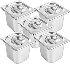 5PCS Stainless Steel Gastronorm Pan 1/6 with Lid, Quarter Stainless Steel Food Containers Pot Pan, 150mm Deep, Silver