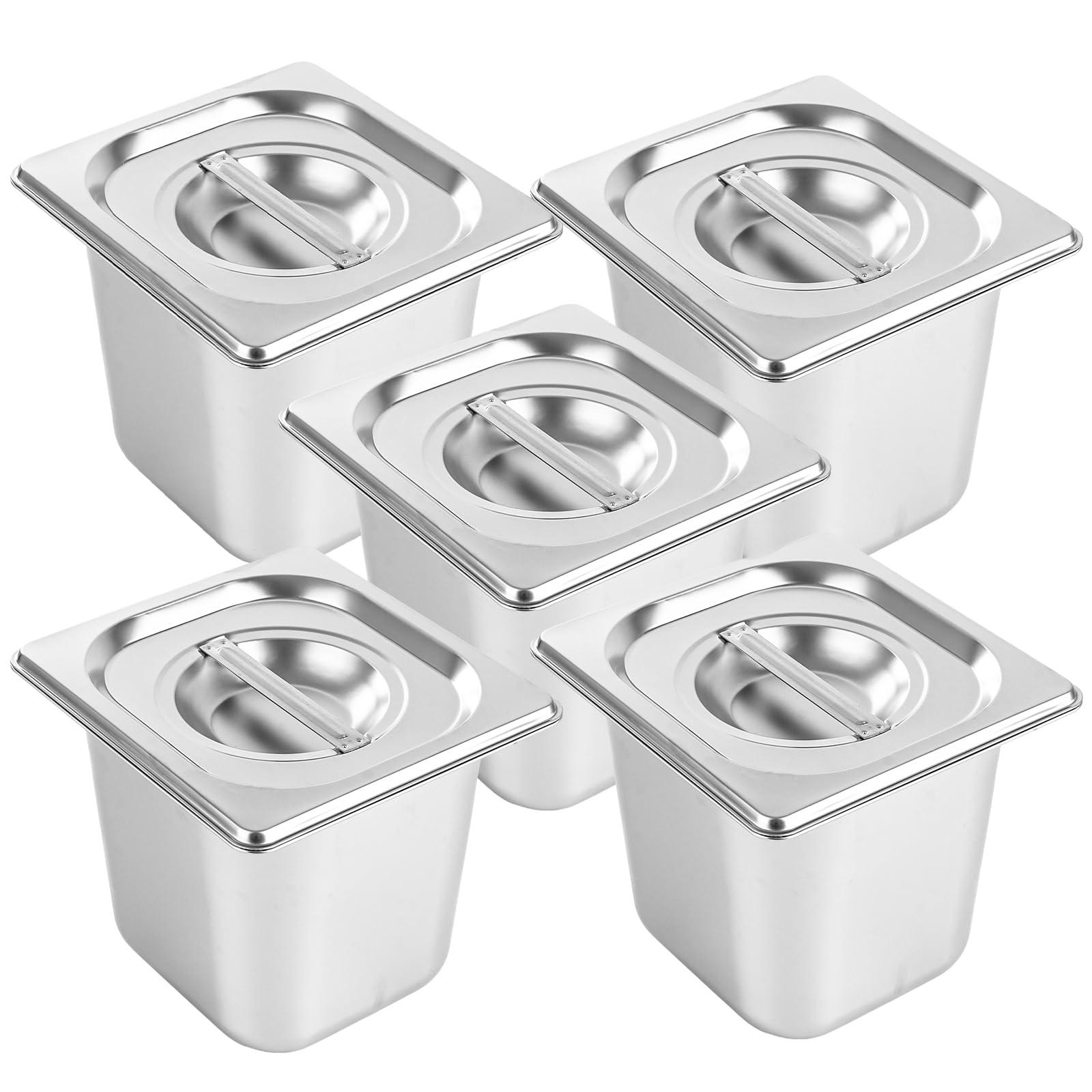 YAYODS 5 sartenes de acero inoxidable de 1/6 con tapa, recipientes de acero inoxidable para alimentos, 150 mm de profundidad, color plateado