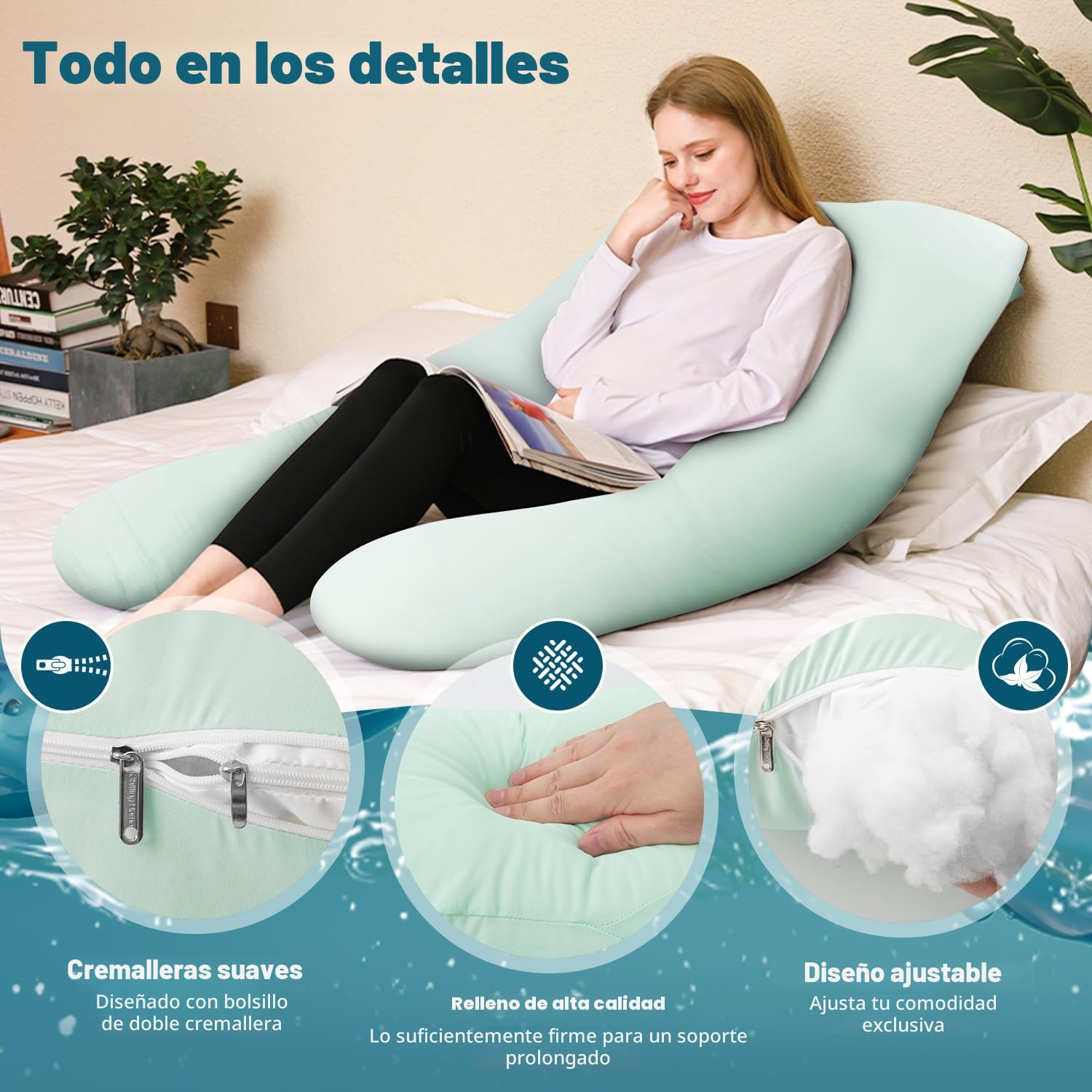 Chilling Home Cooling Almohada de Embarazo, Almohada para Dormir de Lado en Forma de U con Funda, Almohada de Lactancia Almohada de Posicionamiento Grande para Mujeres,Mint Green