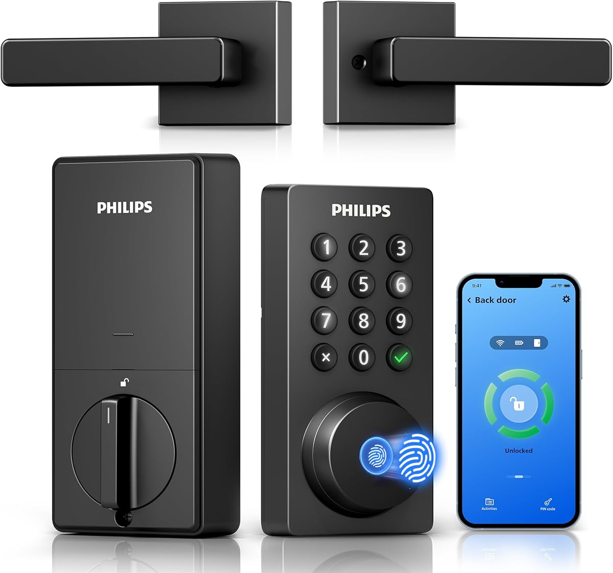 Philips WiFi Keypad Door Lock with Handle, Built-in WiFi, APP/Voice/Fingerprint/Passcode/Key Unlock, Smart Lock for Front Door, Complete Front Door Lock Set, Keyless Entry, Digital Deadbolt, Auto-Lock