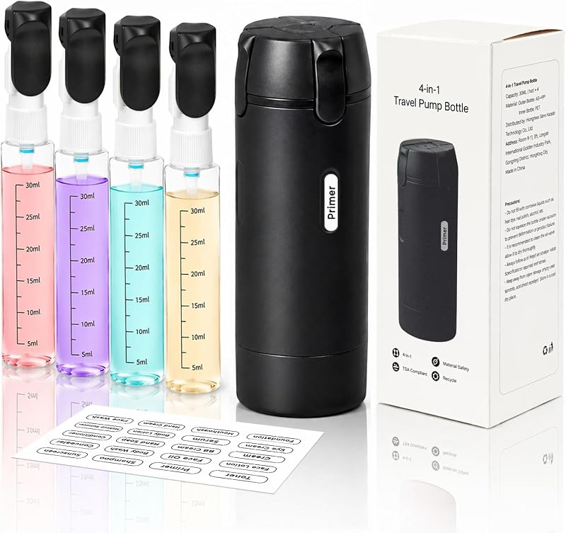 Frasco dispensador de viagem 4 em 1 EASYFORALL, pacote com 4 unidades de 30 mL, preto