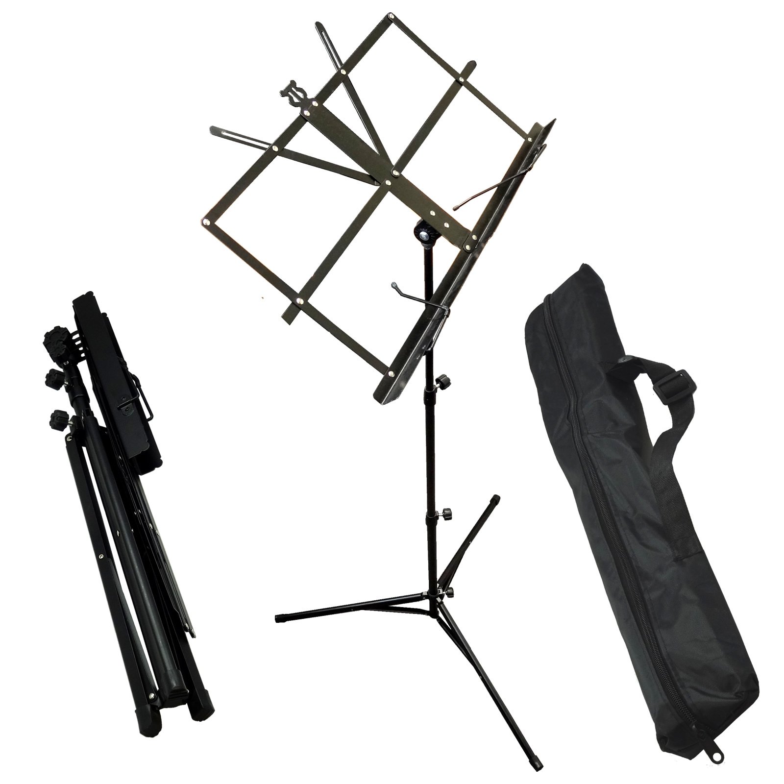 BlueDot Trading Music Stand ~ Collapsible Folding Portable ~ with Nylon Zippered Shoulder Strap Carry and Storage Bag ~ Steel Black
