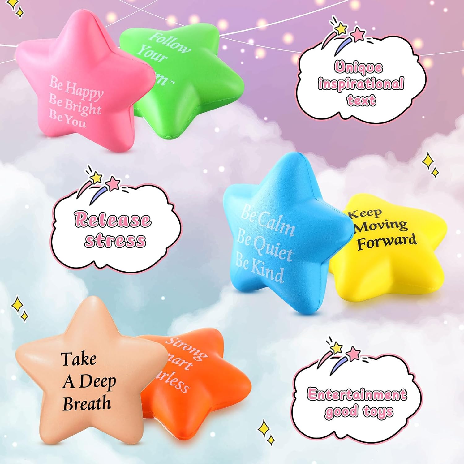 Leyndo 100 Pcs Star Stress Ball Bulk Motivational Quotes Relief Balls 2.2 Inch Mini Colorful Stress Ball Foam Inspirational Party Favors Gifts for Adults Kids Anxiety Relief Toys
