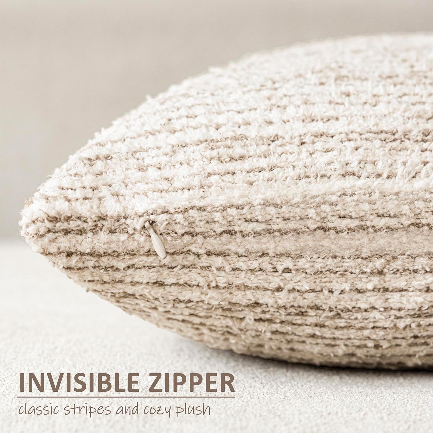 Foindtower Set of 2 Faux Fur Textured Modern Throw Decorative Pillow Covers Square Accent Striped Cushion Sherpa Boho Farmhouse Pillowcase for Couch Sofa Living Room Home Decor 20x20 Inch,Ivory