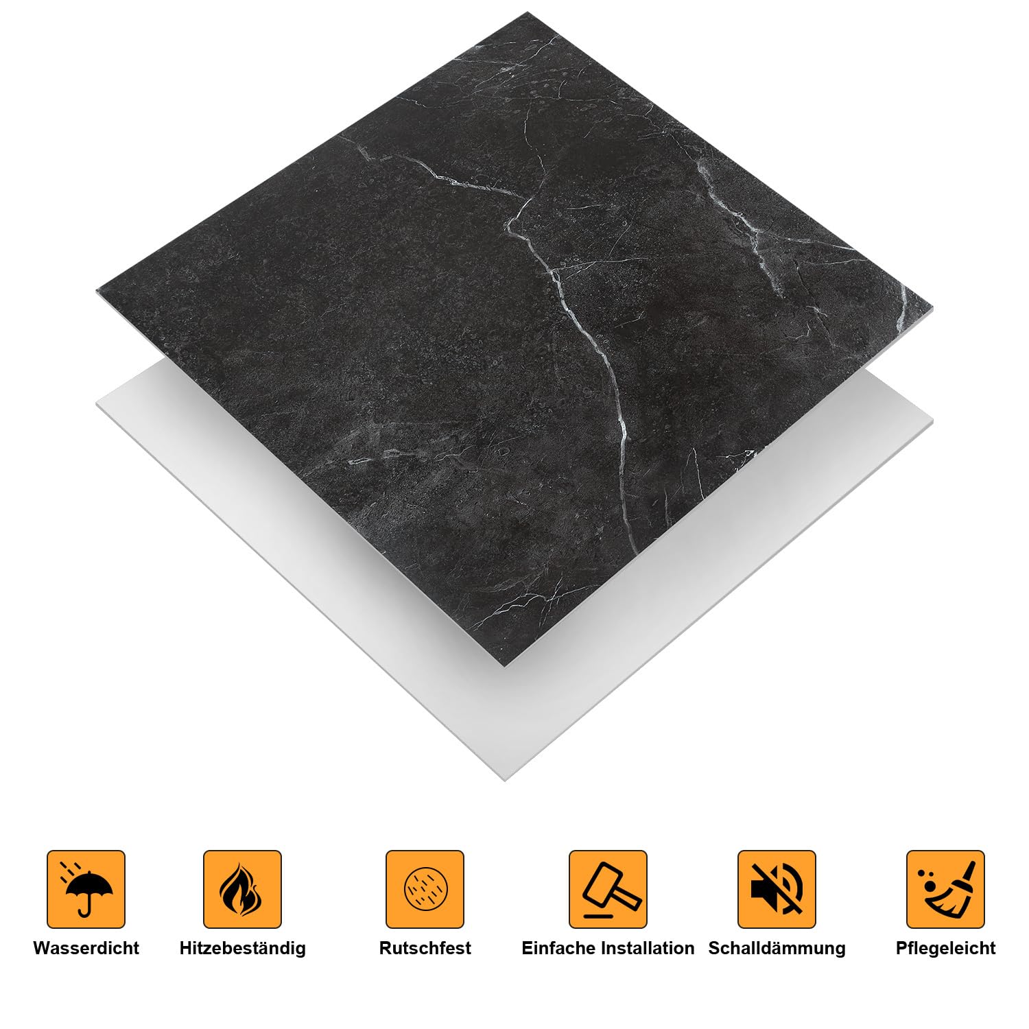 PVC Bodenbelag Selbstklebend, Vinylboden Klebefliesen 30×30 cm quadratisch, rutschfest & wasserabweisend, für Küche Bad Wohnzimmer (Schwarze Marmoroptik, 110 Fliesen, ca. 10 m²)