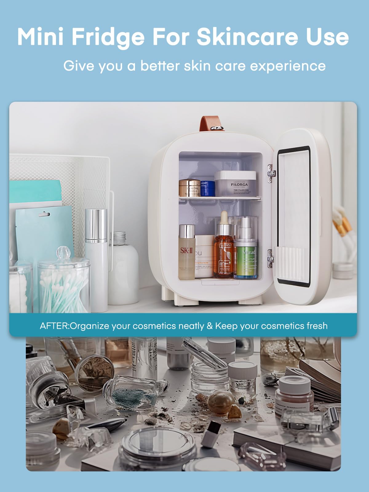 FOHERE Mini Frigo 5L, Frigorifero Piccolo Con Presa USB, Portatile 220V CA/12V CC, per Ufficio, Dormitorio, Auto,Cosmetici, Bevande, Frutta