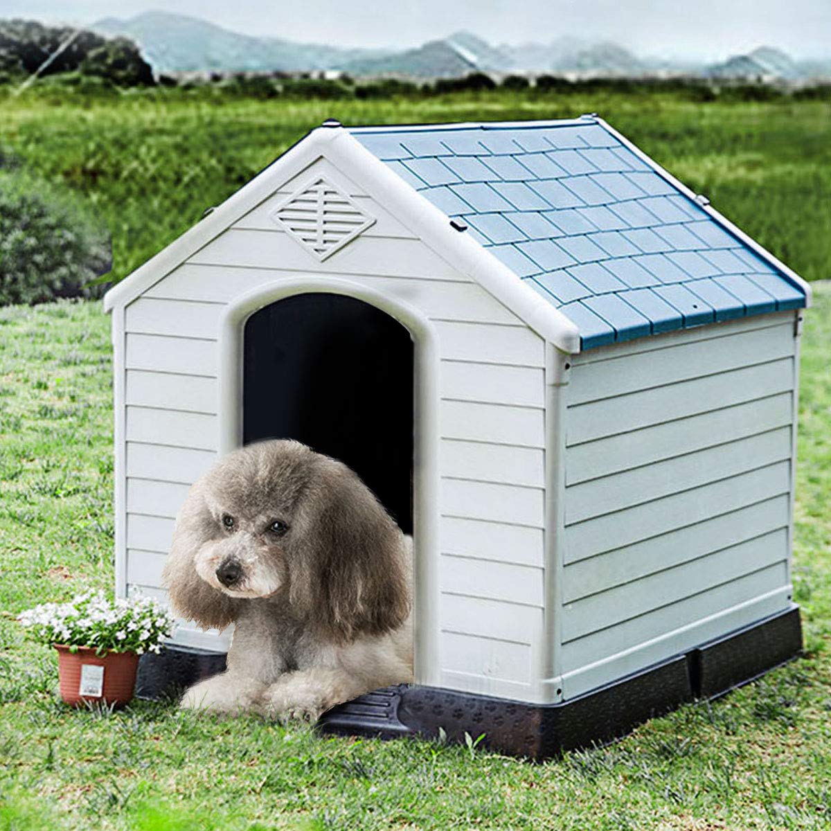 COSTWAY Cuccia per Cani da Esterno ed Interno, Casetta Impermeabile e Ventilata con Valvole d’Aria e Pavimento Rialzato, per Cani di Piccola e Media Taglia (Blu, 70 x 65 x 71,5 cm)