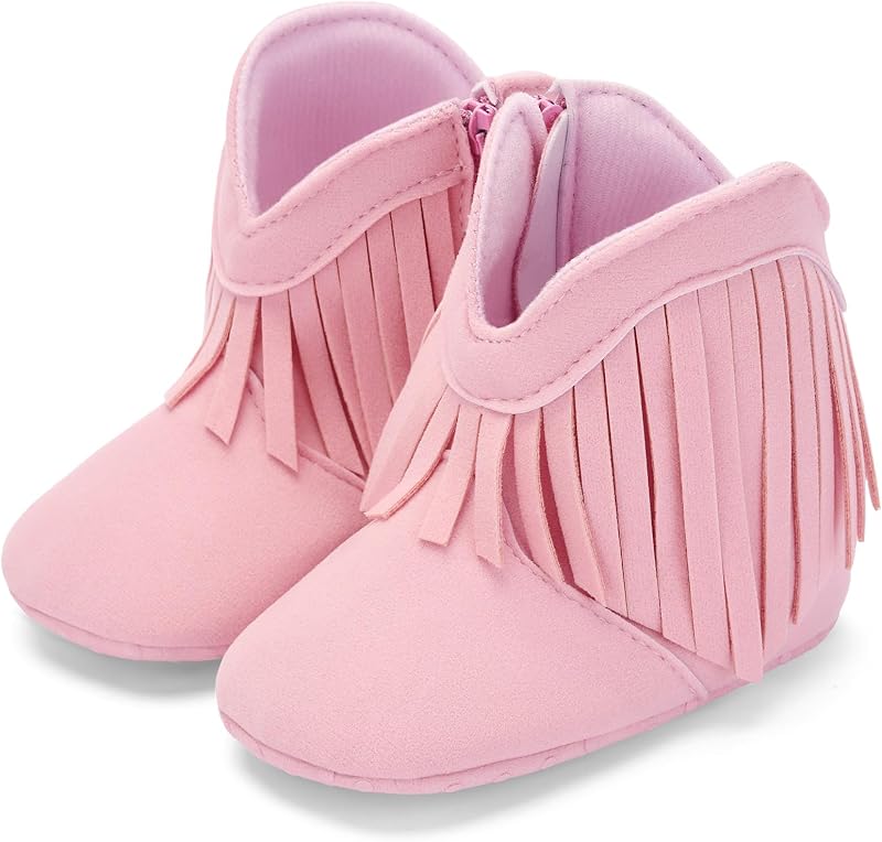 BACSAC Baby Girls Tassel Boots Zipper Infant Western Cowboy Boots Non Slip Toddler Short Boots Soft Comfort First Walker Suede Booties