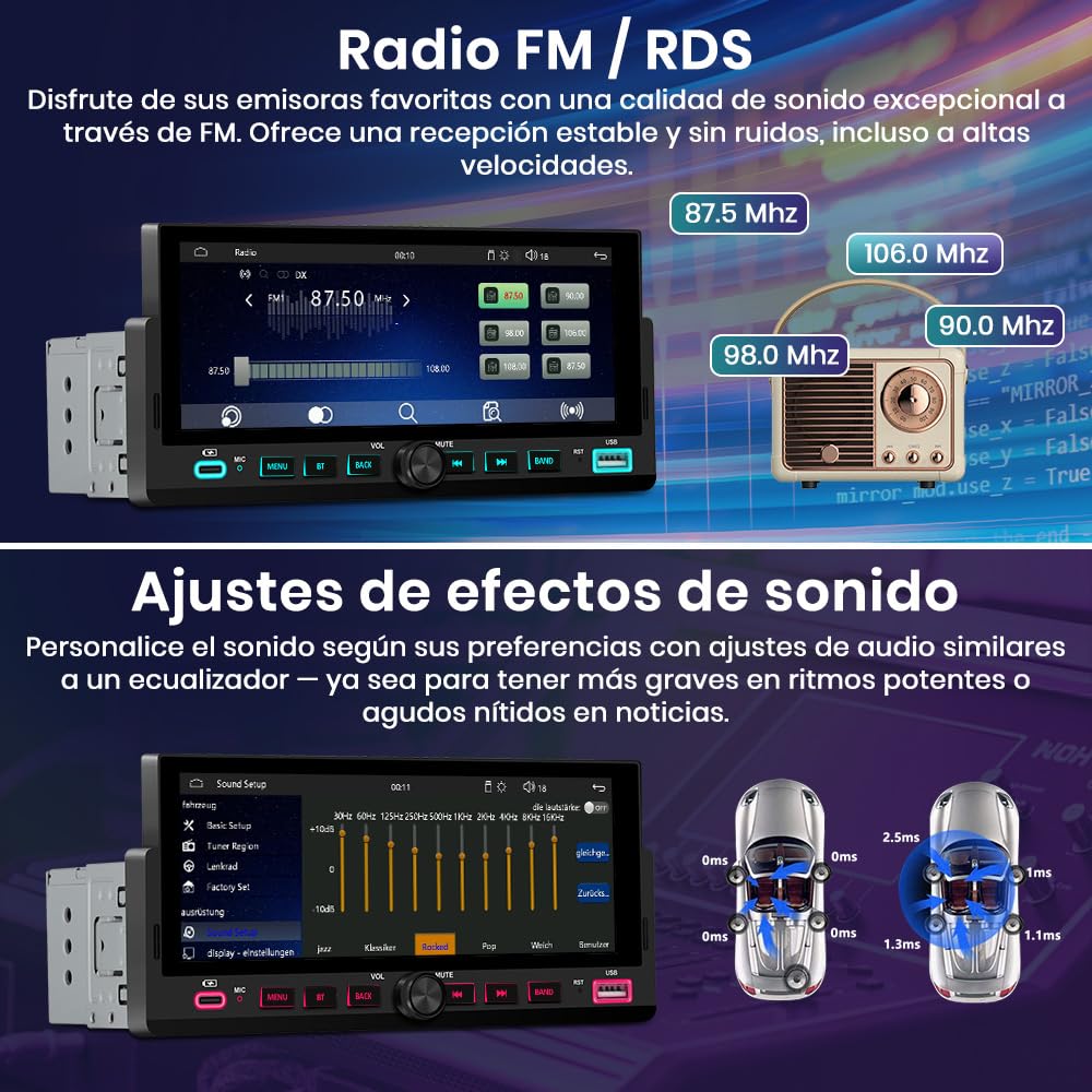 Junsun 6.86 Pulgadas 1 DIN Radio Coche Universal con Pantalla Táctil, con CarPlay/AndroidAuto/Admite Carga Type-C/USB/Micrófono/FM/EQ/GPS/Bluetooth 5.0/USB/SWC y Cámara Trasera con Cable 6M