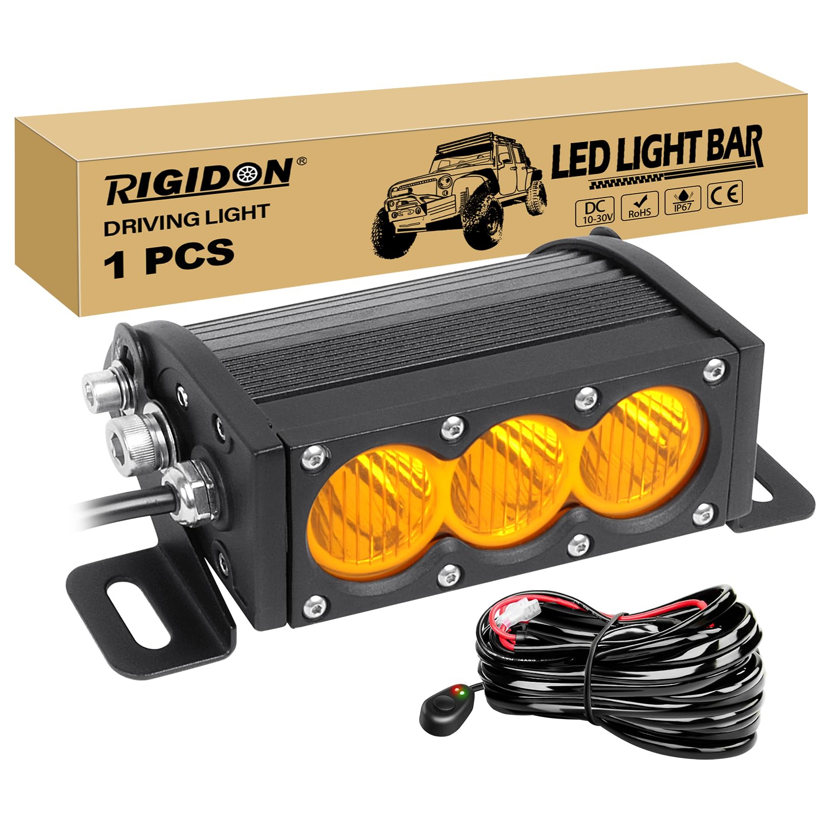 RIGIDON 1 x 6 cali 19 cm 30 W listwa Led 4x4 z zestawem przewodów 12 V, listwa świetlna led do pojazdów offroad samochodów ciężarowych ATV, bursztynowe światło przeciwmgielne, pasek Led Bar, 2 lata