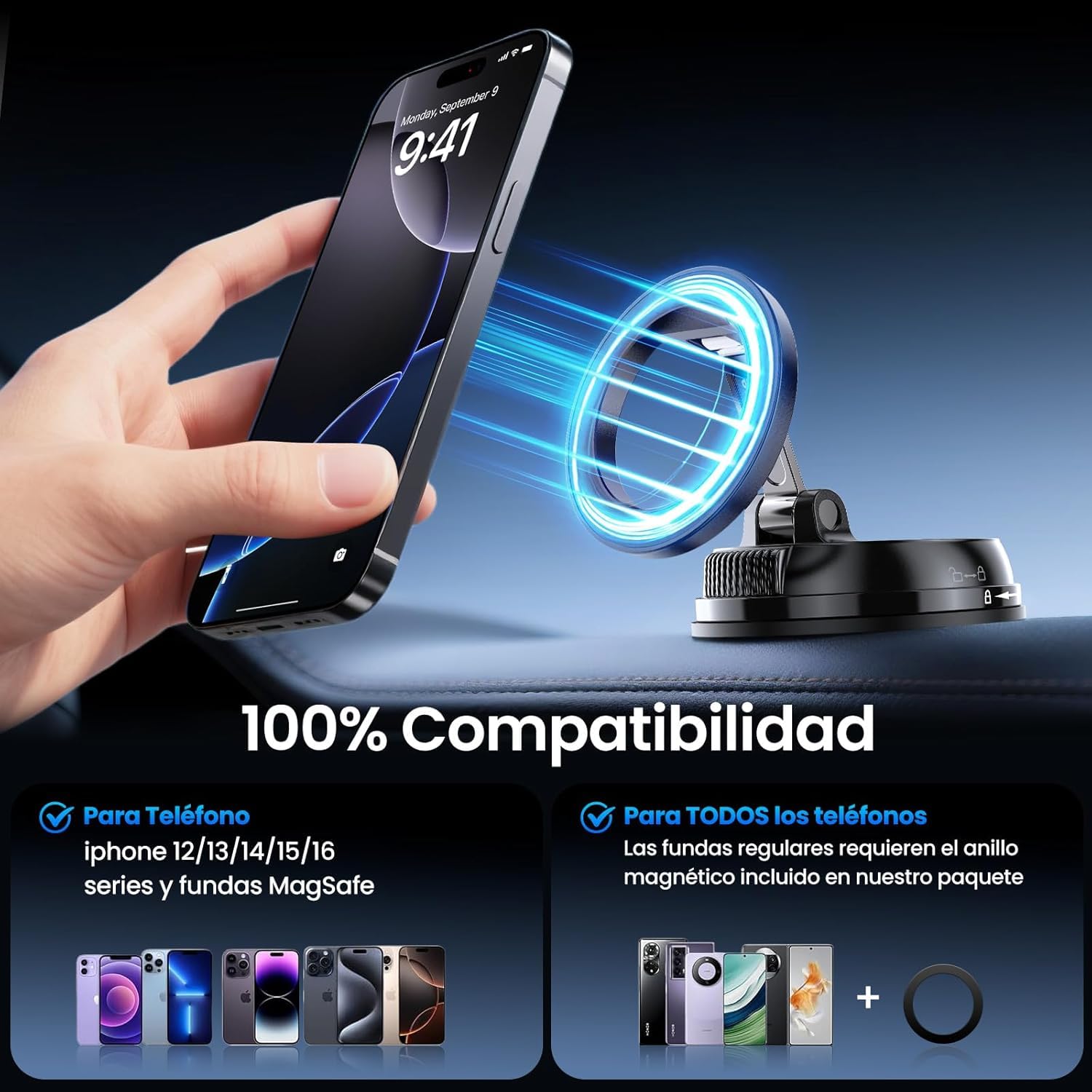 GizmoVine Soporte Móvil Coche MagSafe, 35KG Ventosa Fuerte Reutilizable, Brazo Metálico Plegable, 22X N55 Imanes, Giratorio 360° para Salpicadero/Parabrisas, iPhone 17-12 Android
