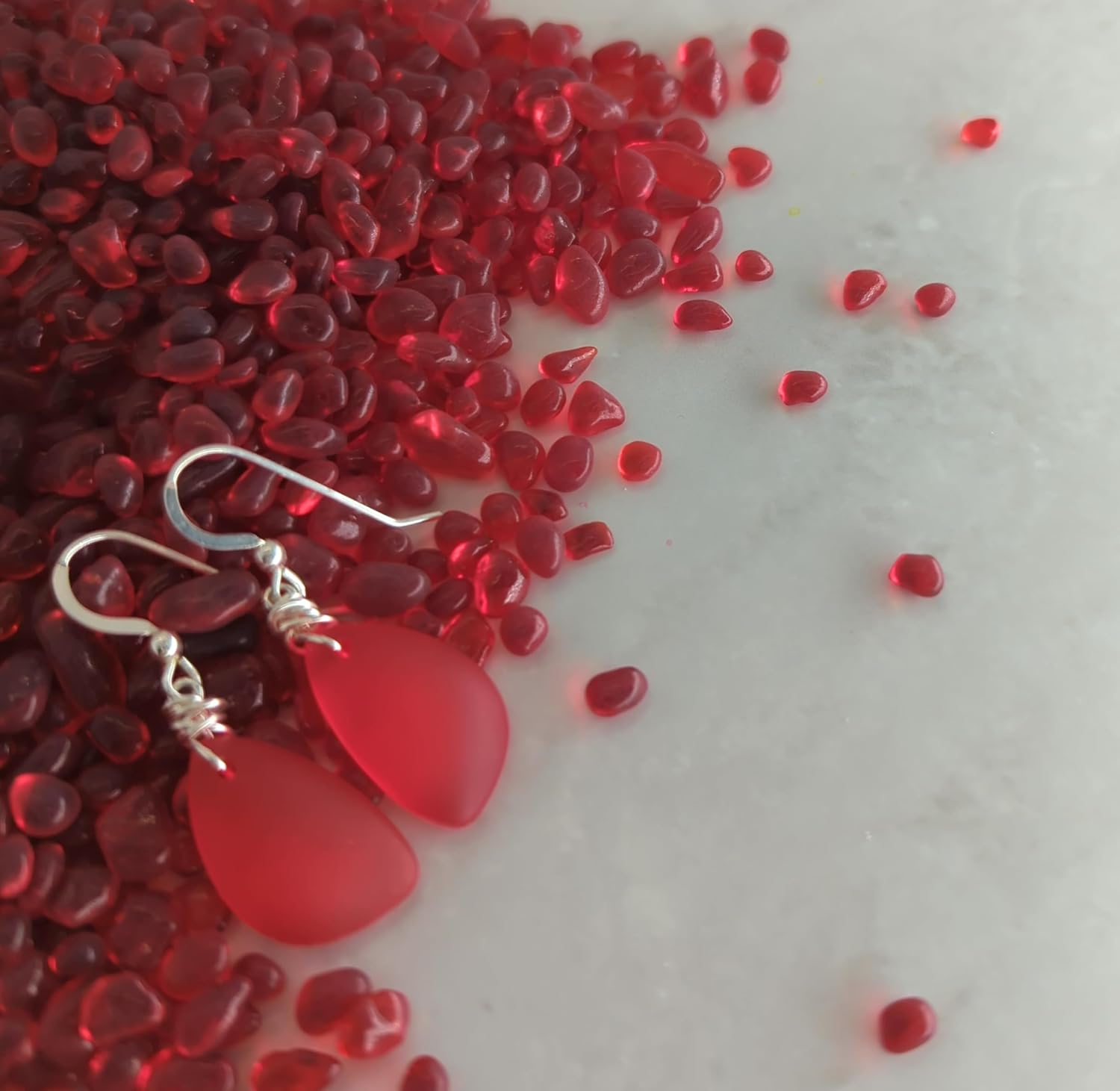 Gorgeous Sunset Love Red Recycled Sea Glass Earrings with Handmade Silver Knot on Sterling Silver Hooks, Beautfiul Gift - Image 3