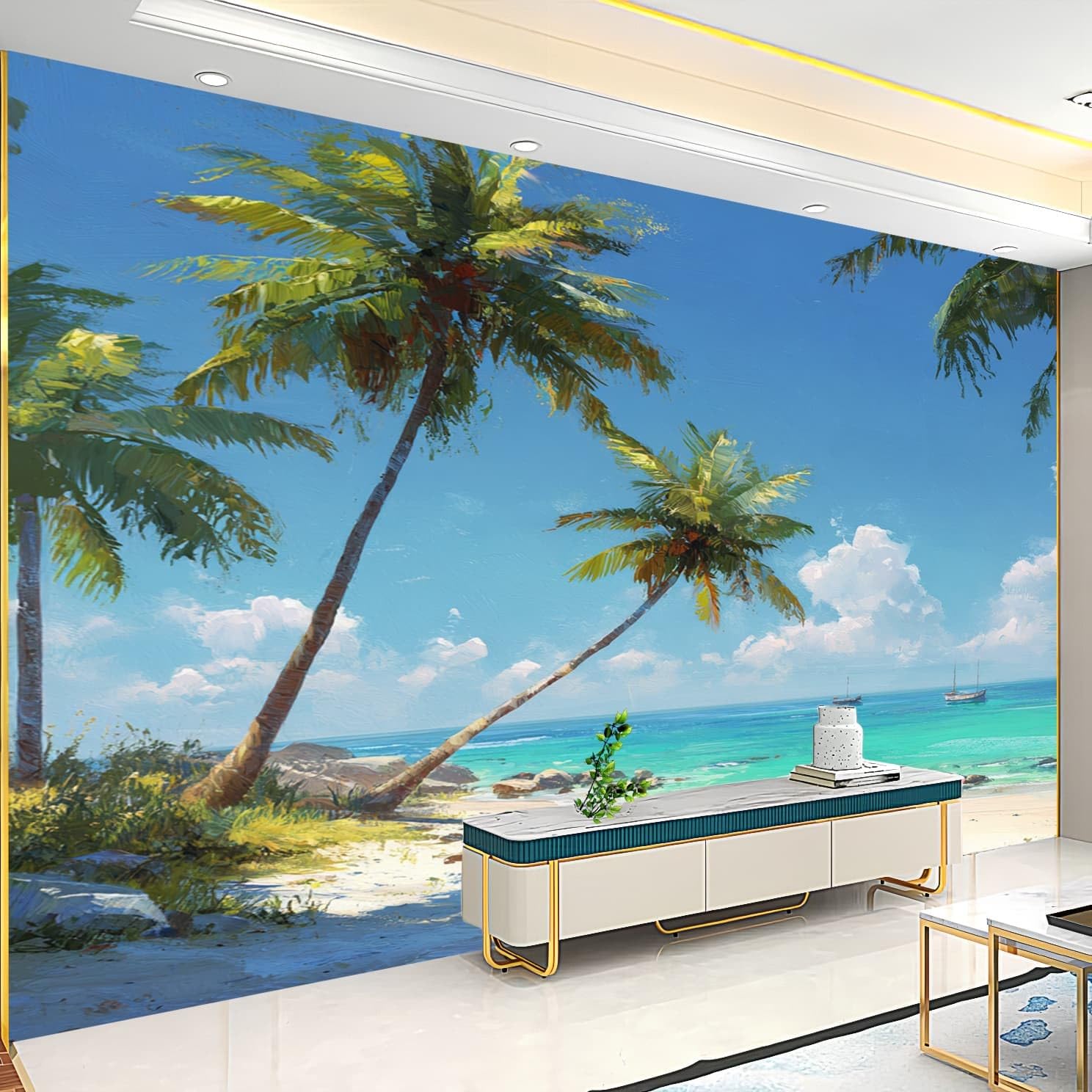 Naklejka ścienna dla dzieci tapeta do pokoju dziecięcego 300 x 210 cm piękny tropikalny widok na plażę 3D dekoracja ścienna naklejka na ścianę fototapeta niebieska tapeta domowa naklejki dla dzieci