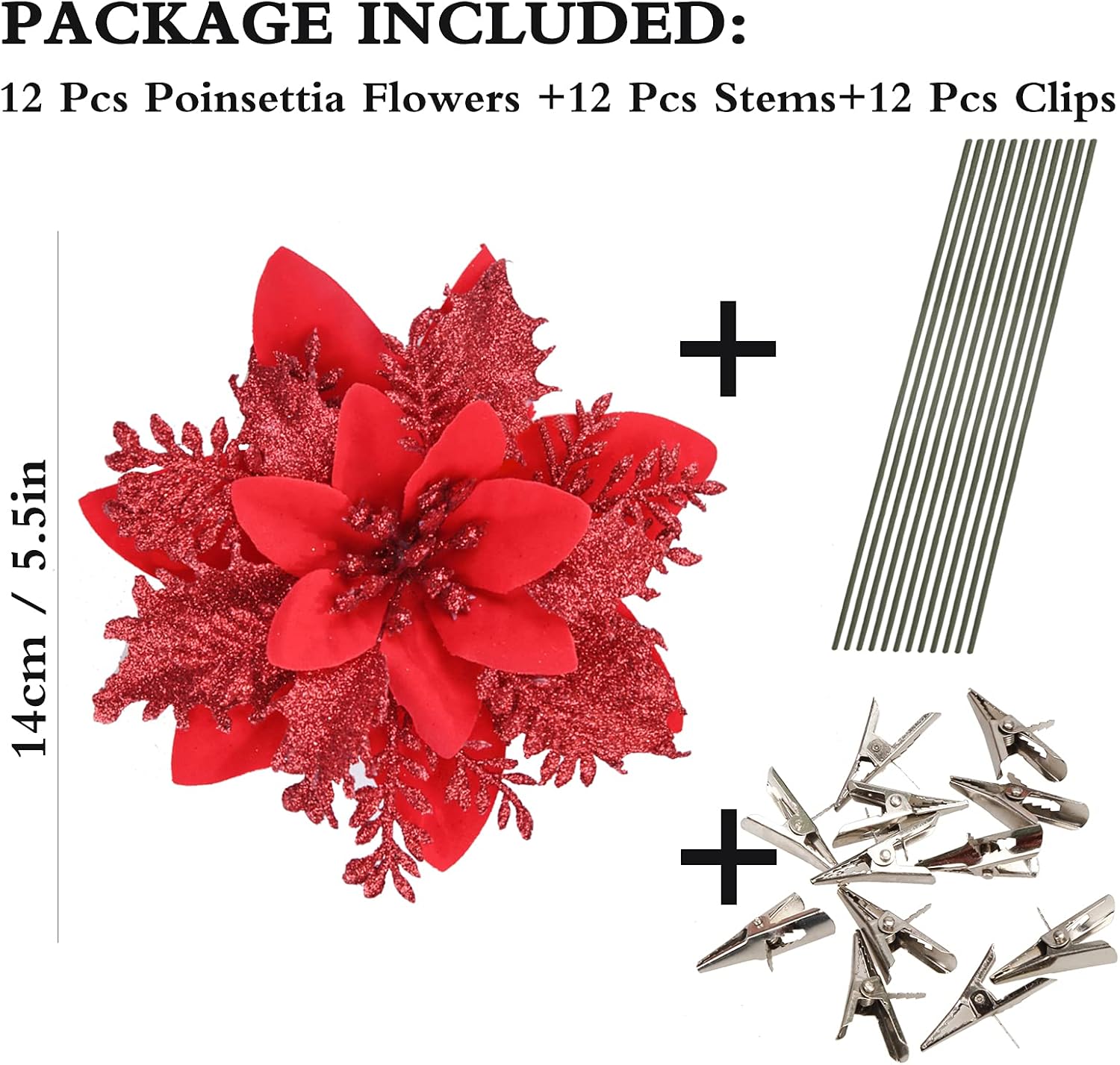 GREENTIME 12 Pcs Glitter Poinsettia 5.5 Artificial Flowers Christmas with Clips Stems Xmas Tree Ornaments for New Year Party Stairs Fireplace Porch Balcony Garden Church Wreath Decoration (Red)