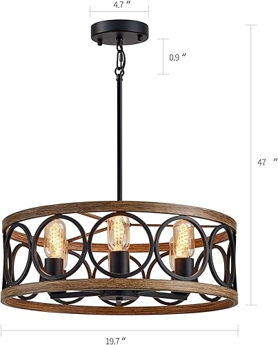 Miniatura 5 de Candelabro moderno de tambor de granja, acabado de madera negro y retro, 6 luces redondas de metal antiguo vintage para cocina, comedor, sala de