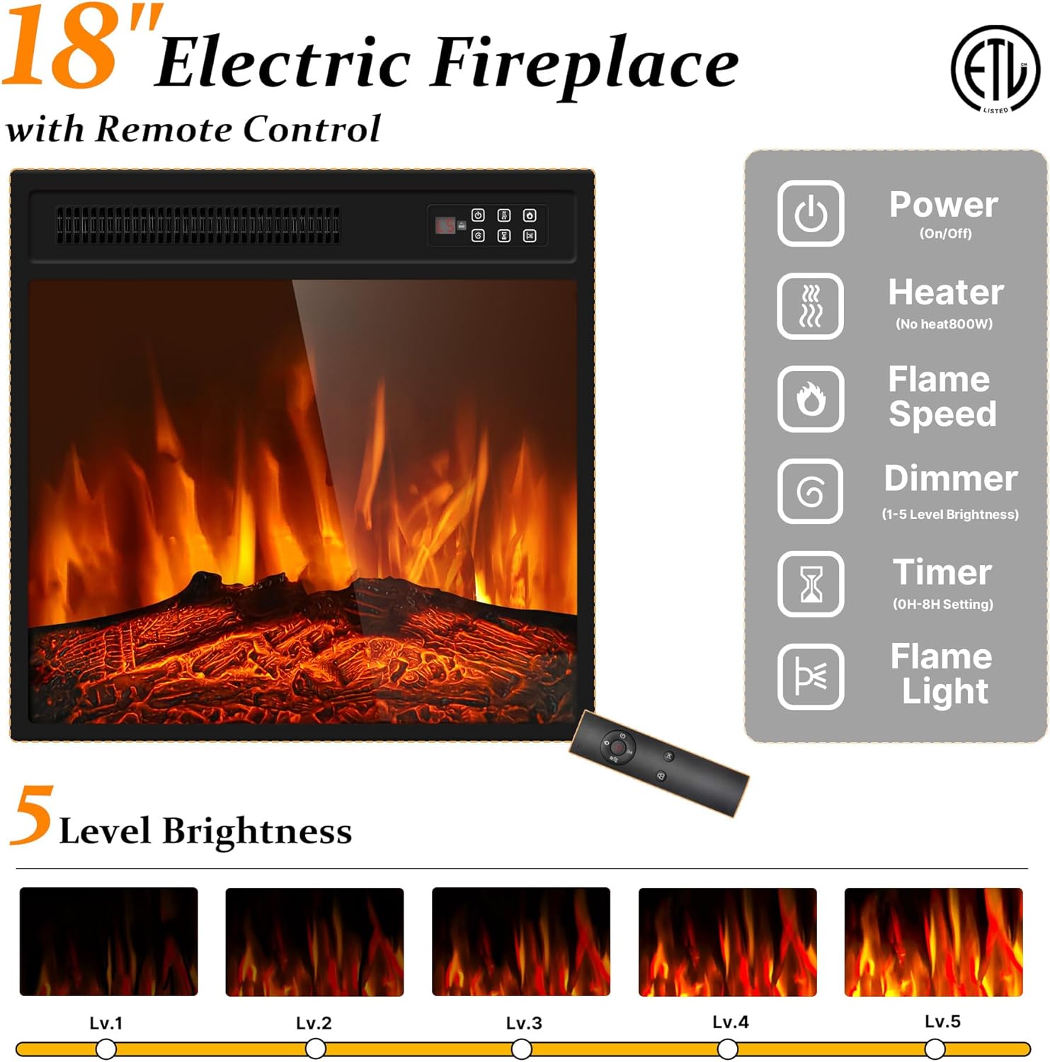 55" Fluted Fireplace TV Stand, Modern Entertainment Center for TVs Up to 65 inch, TV Console with Sliding Door, Curved Profile Design, Media Console for Living Room, Walnut - Image 5