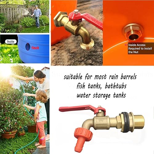Miniatura 5 de Paquete de 2 grifos de barril de lluvia, grifo de tanque de agua de latón con conector de mamparo de diámetro exterior de 1 pulgada para cubo de