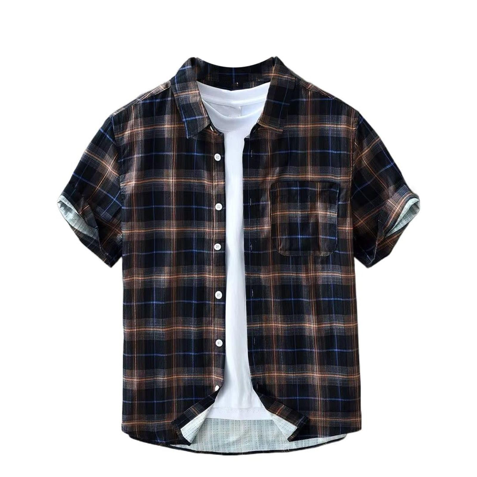 Camicetta Leggera da Uomo a Quadri con Colletto abbattuto, Top Casual per pendolari in Ufficio Estate