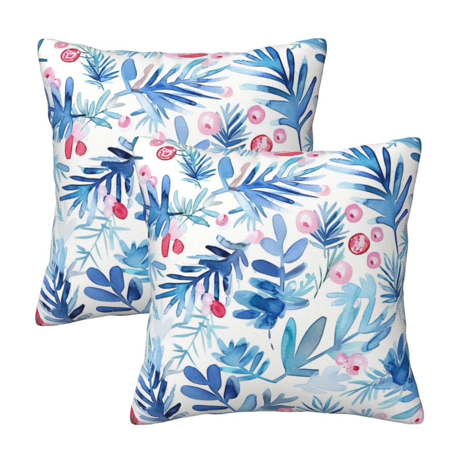 LOHDALOLF Blue Christmas Cushion Covers 45x45 cm Set of 2 Winter Cushion Cases Watercolor Pine Decorative Pillow Covers for Sofa Couch
